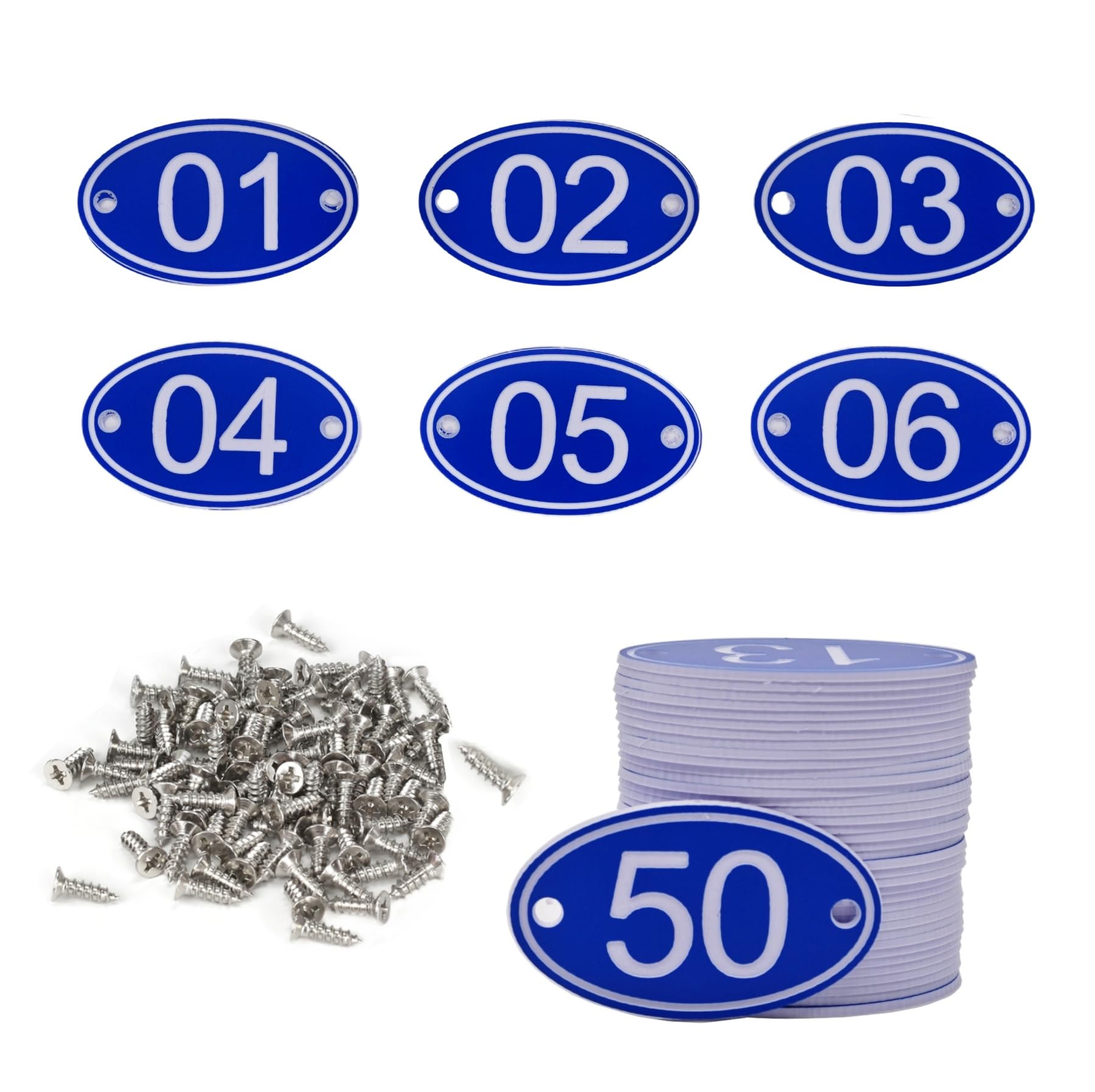 NanTun 100 Sets ABS Engraved Blue Oval Table Numbers Locker Tags with Screws - 1 to 100 โ image 1