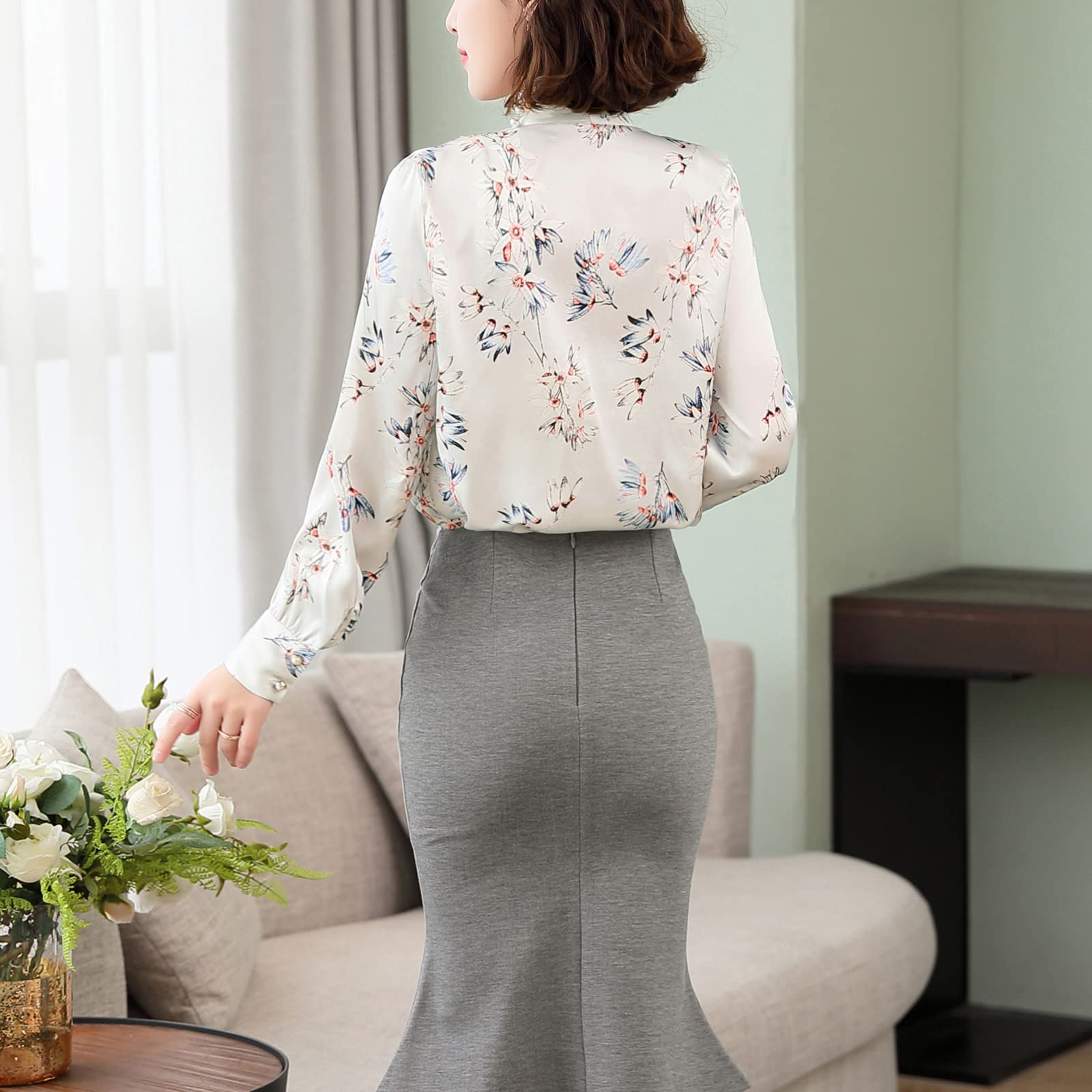 Valin Blusa de seda para mujer con estampado de puente, blusa de manga larga con cuello en V, blusa de seda,S1922