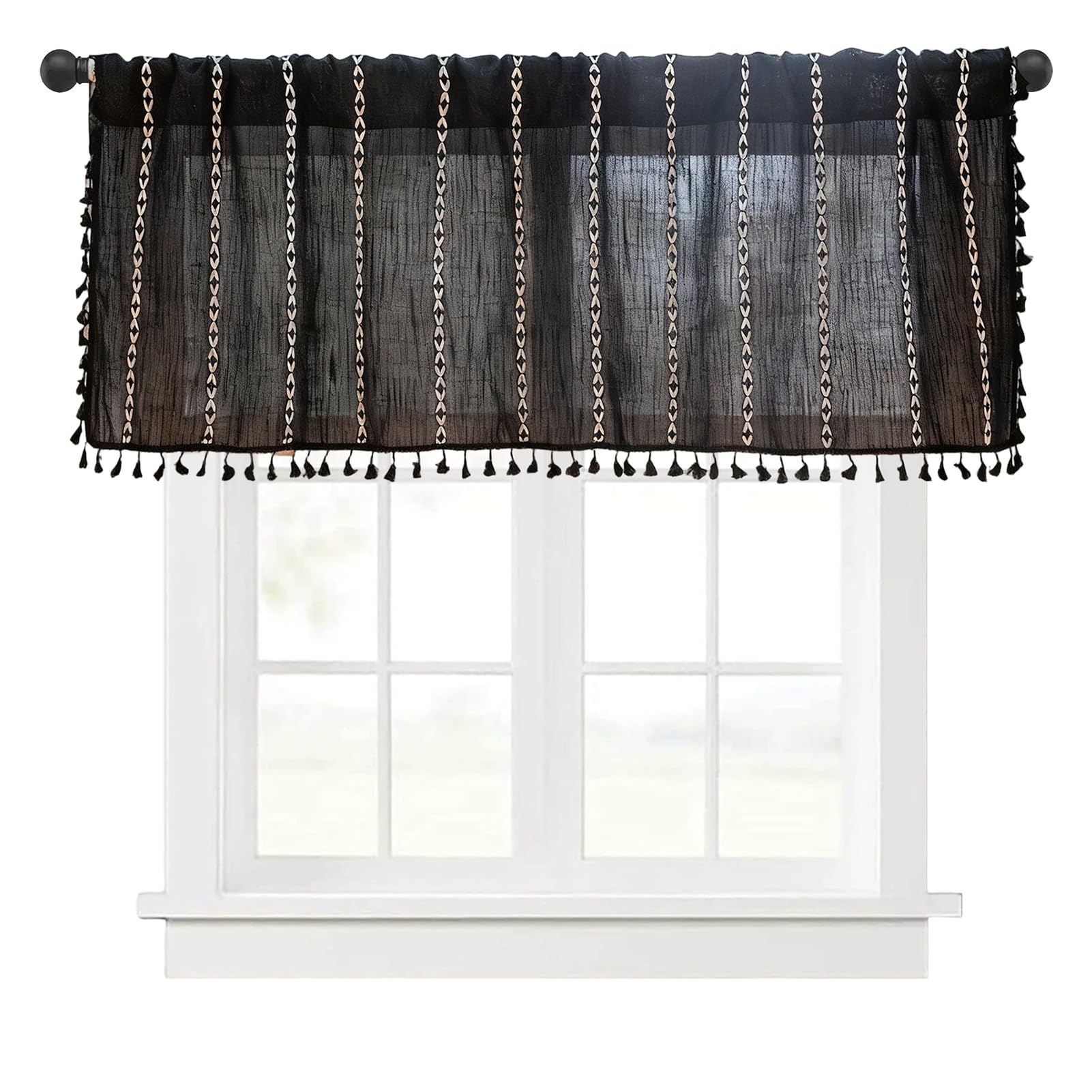 HonorHut Woven Kitchen Curtain Boho Short Panel Curtains Cafe Bistro Curtain Balcony Bathroom, Black 132 cm×45 cm — image 1