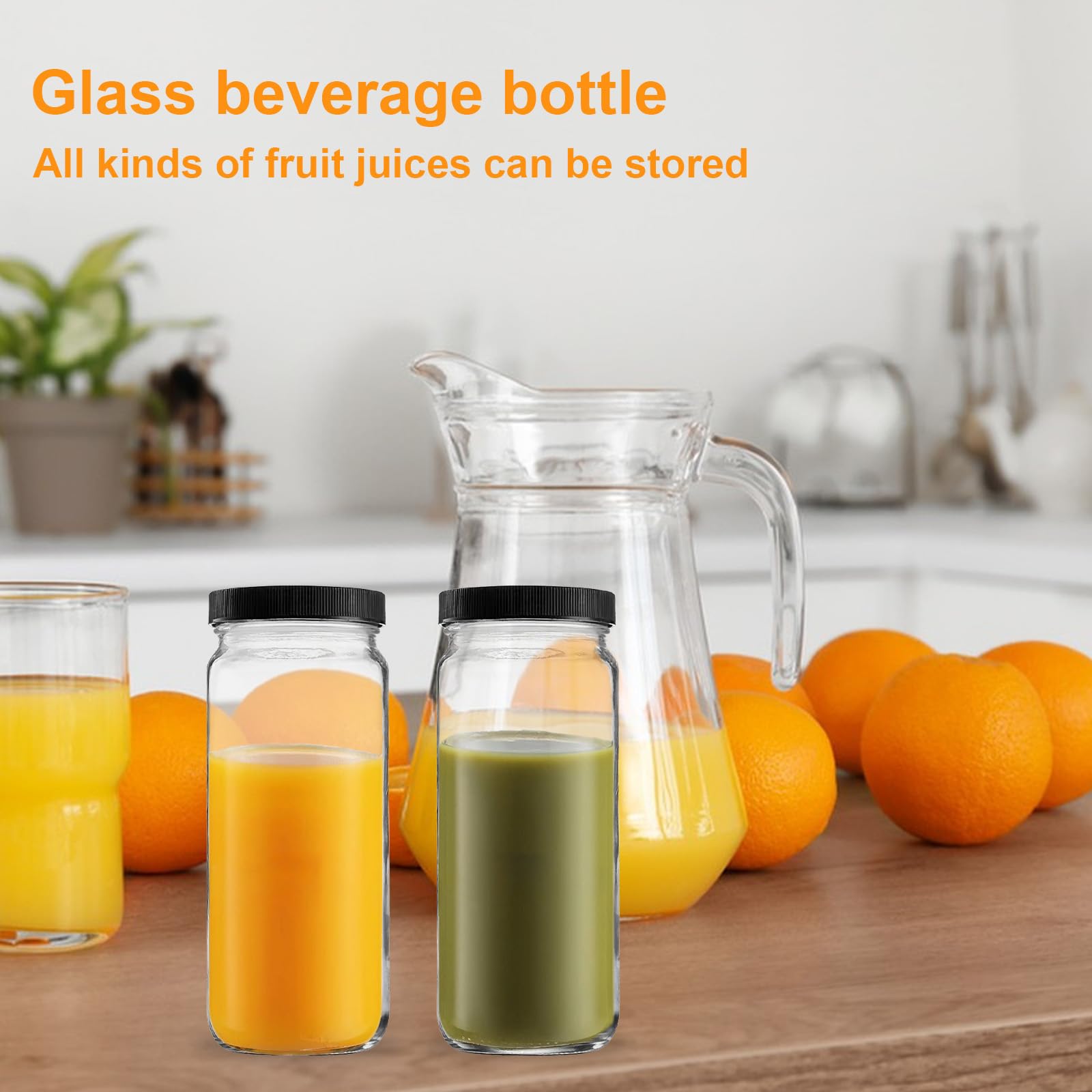 Paquete de 4 botellas de vidrio para jugo, tarros de viaje de 16 onzas, vasos de agua con tapas herméticas negras, tarro alto reutilizable para jugo, té de burbujas, batidos, té, kombucha (negro)