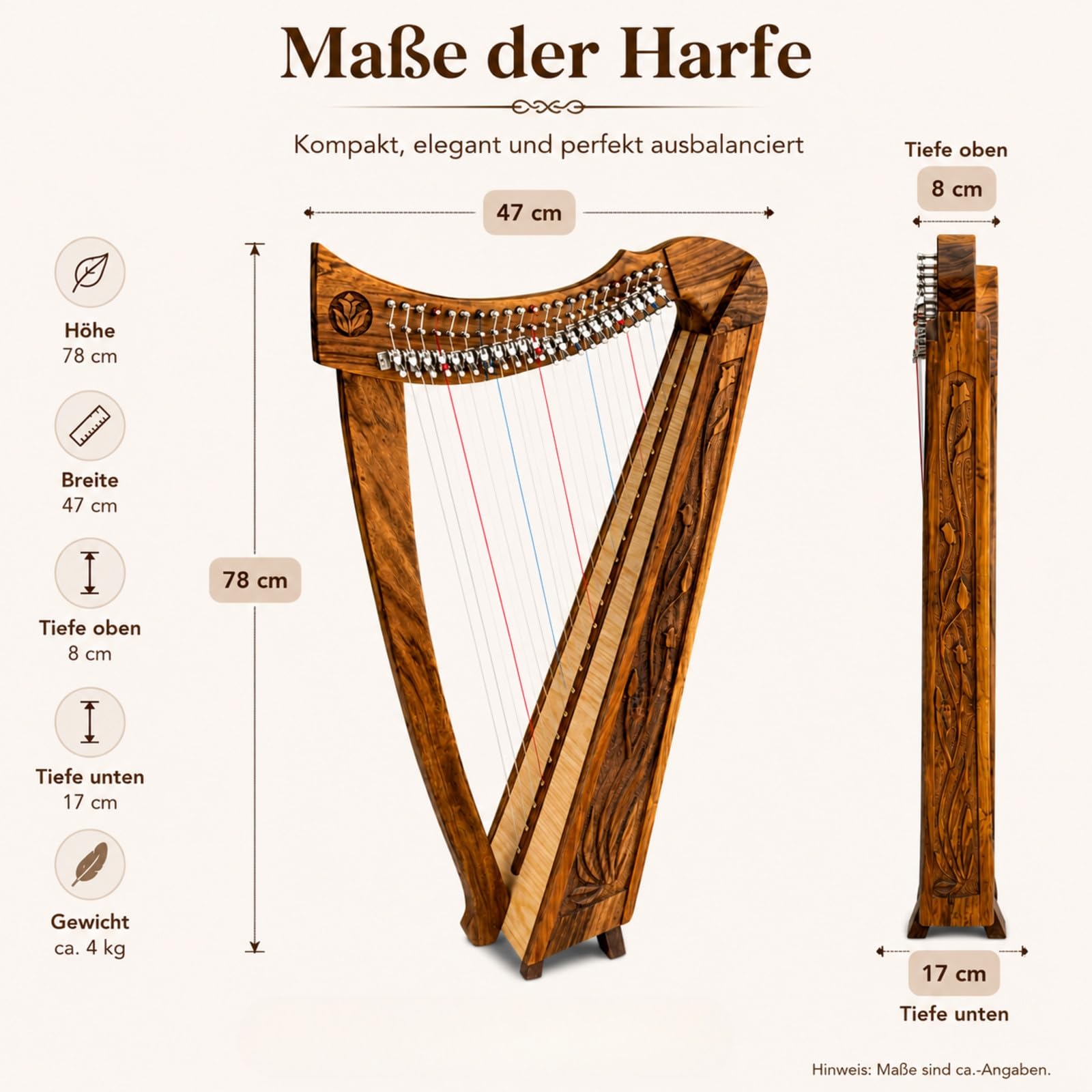 Uzman Harfe 22 Saiten Keltische Harfe 22 String Harp Leierharfe | Edelholz-Korpus mit keltischem Design, Halbtonklappen, finnischem Birken-Resonanzboden und farbcodierten Saiten