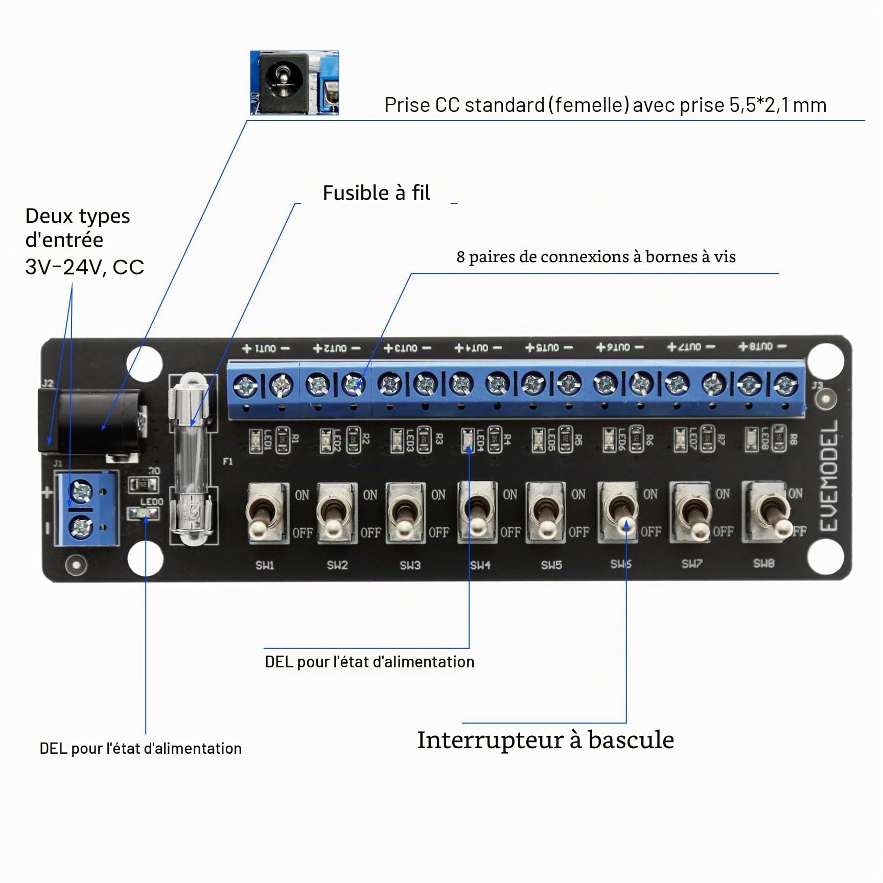 Evemodel 1 lot de 8 interrupteurs à bascule miniatures 3-24 V CC - Commutateur CC - Distributeur de courant - Multiprise - Panneau de distribution