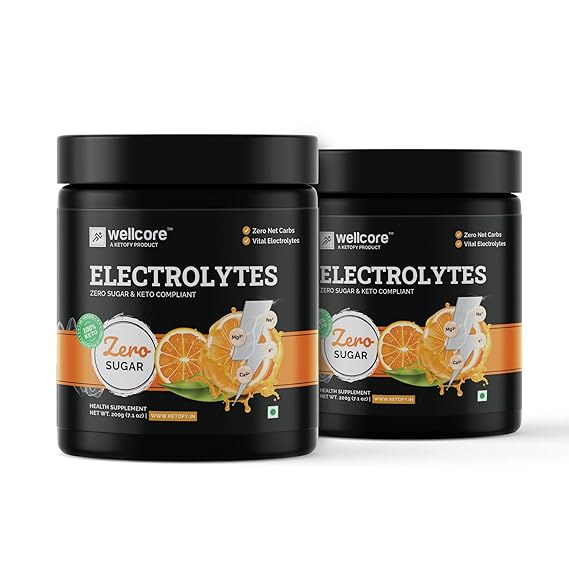 KETOFY Wellcore - Electrolytes (2x200g) | Orange |Electrolyte Drink With 5 Vital Electrolytes: Na, Mg, Ca, K, PO4 |Sugar Free Electrolyte Powder|Fat Fuel Powered for Sustained Energy|Keto Electrolyte