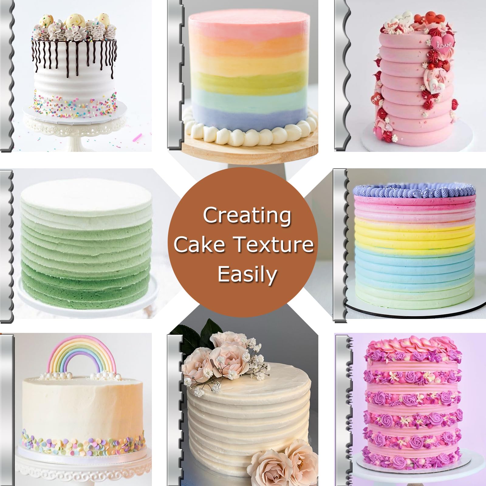 4 raspadores de tartas de acero inoxidable de 10 pulgadas, alisadores de pasteles con doble borde, tiras estampadas, peine de contorno para decoración de pasteles de crema de mousse