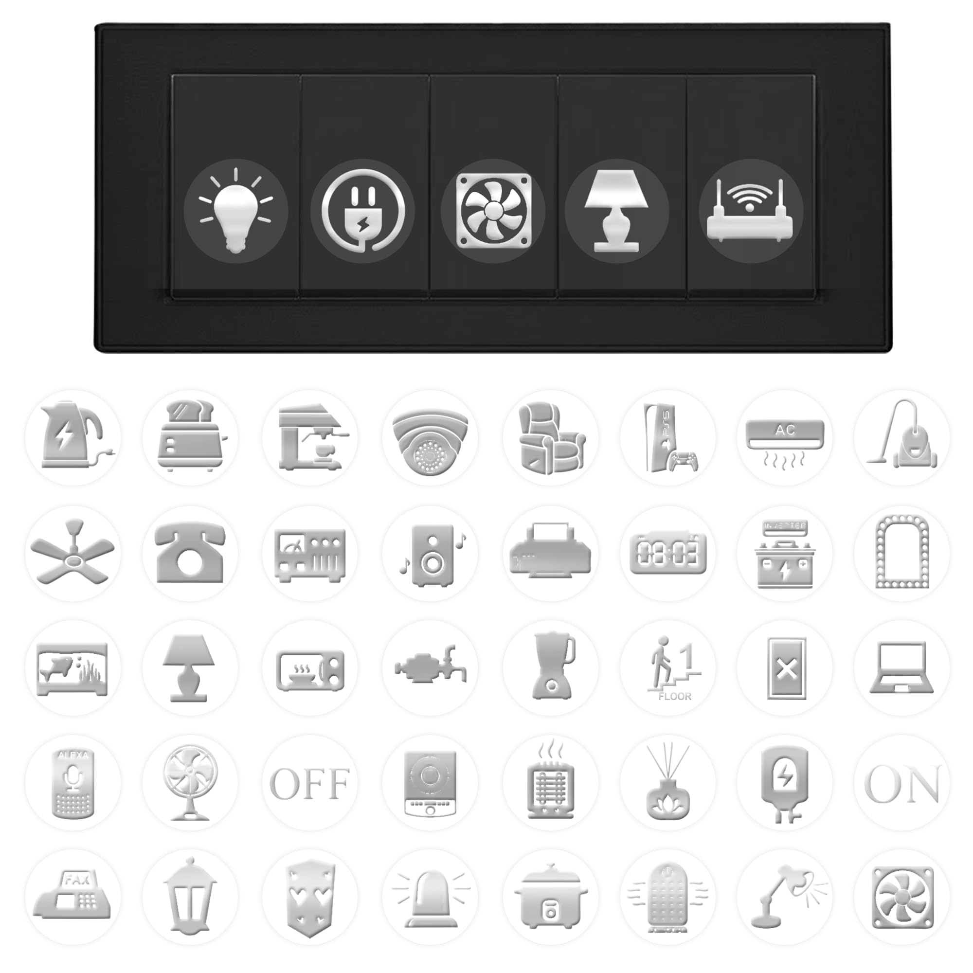 GLUN® 600 Silver Glow Effect Switch Board Stickers, 60+ Embossed Icons, Luxury Vinyl Self Adhesive Decorative Switch Covers for Fans & Appliances