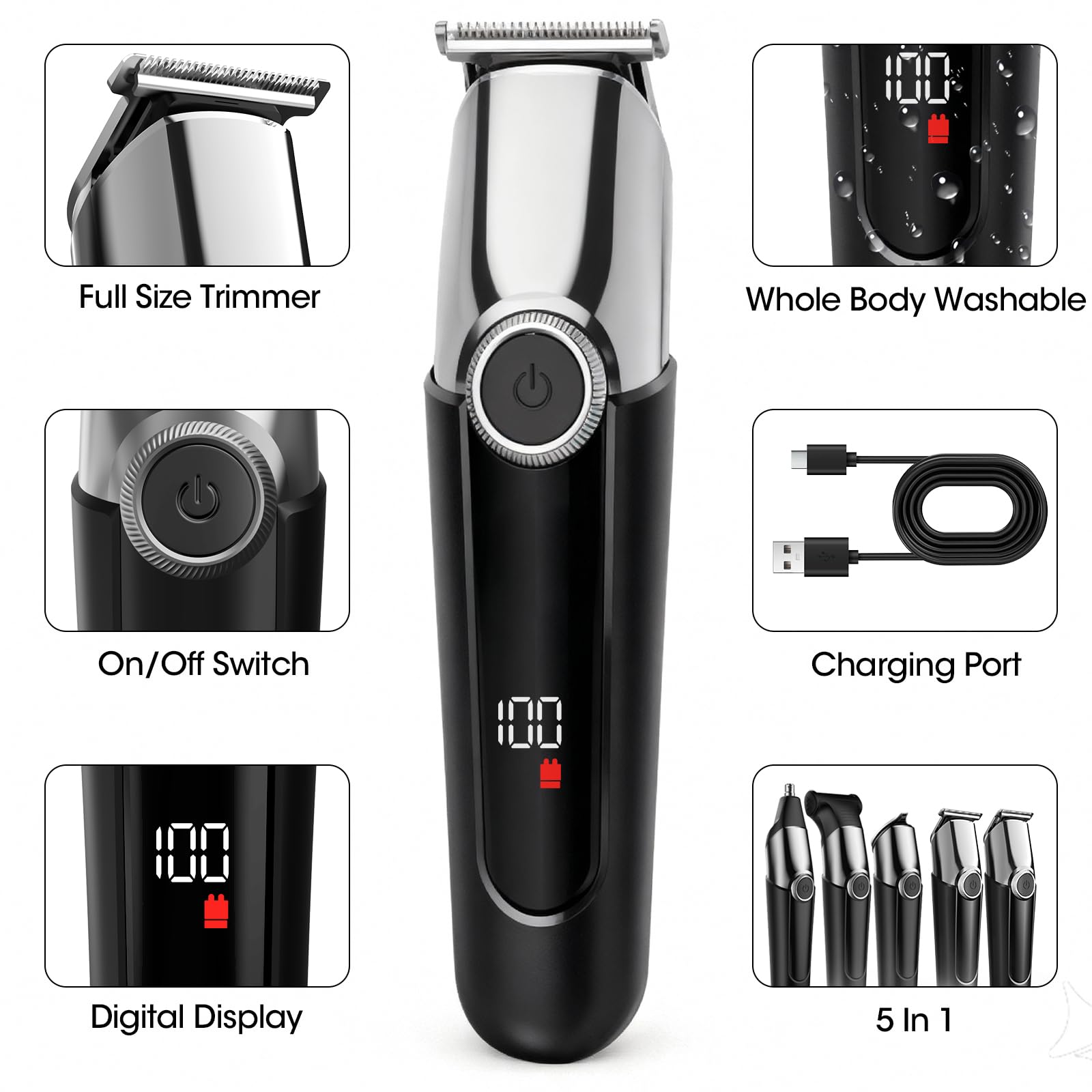 elestyle Barttrimmer Herren Haarschneidemaschine, All-In-One Trimmer Bartschneider Nasenhaartrimmer Haarschneider, USB Wiederaufladbar Rasierer Elektrisch mit 3 Scherkopf, 4 Aufsteckkämme