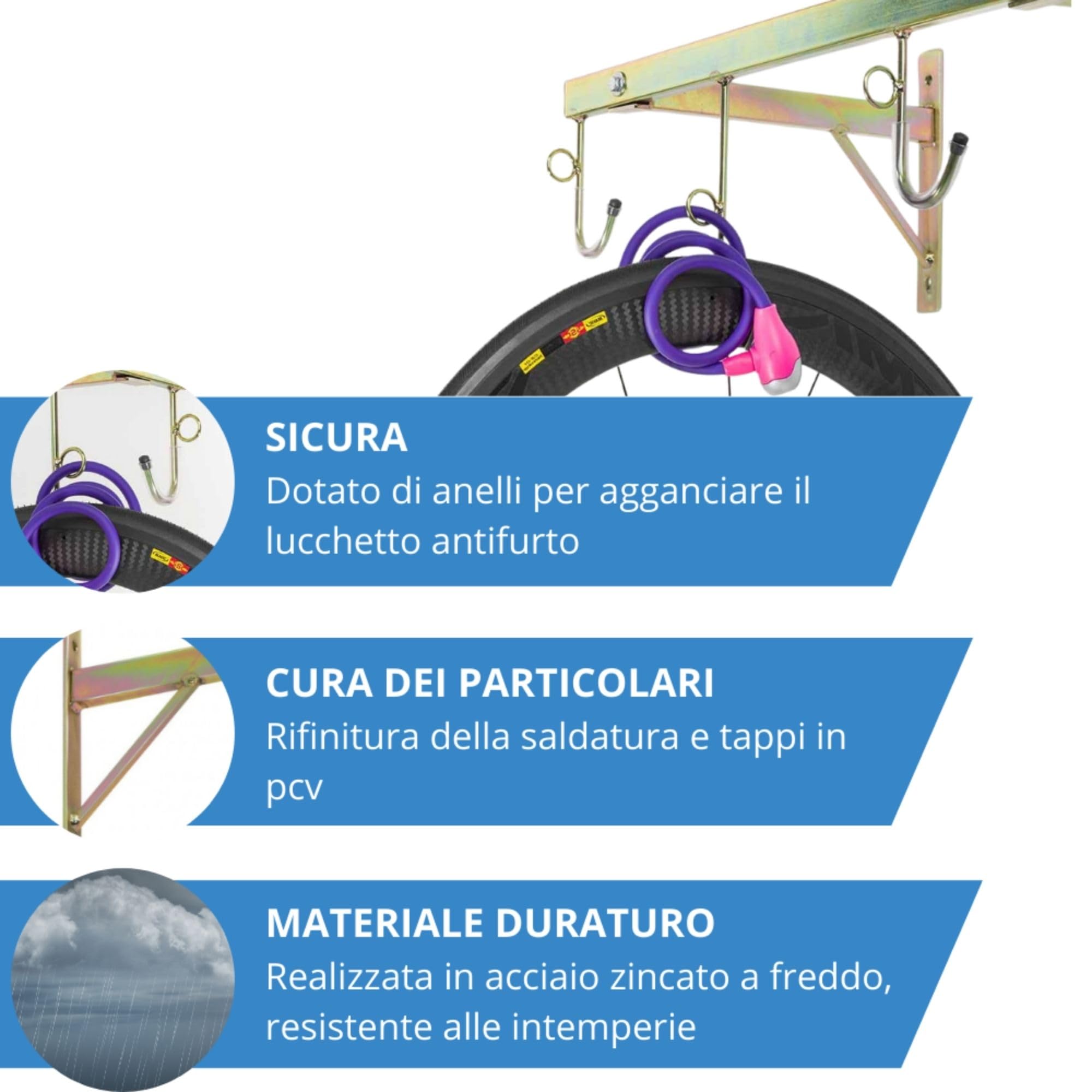 Andrys Porta Bici da Muro con Ganci e Anelli per 6 Biciclette - Supporto Appendi Bici da Muro per Interni ed Esterni - Smontabile, Facile da Installare, con Tappi Antigraffio - Acciaio Zincato (Oro)
