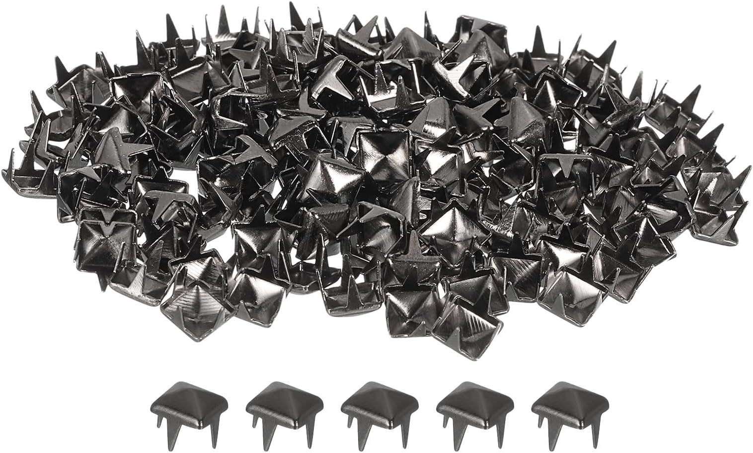 150Pcs Square Pyramid Rivets for Clothing, 5mm Four-Jaw Studs Spikes, Copper Punk Rock Nailhead Spots for Bags, Shoes, Leathercraft(Metallic Black)
