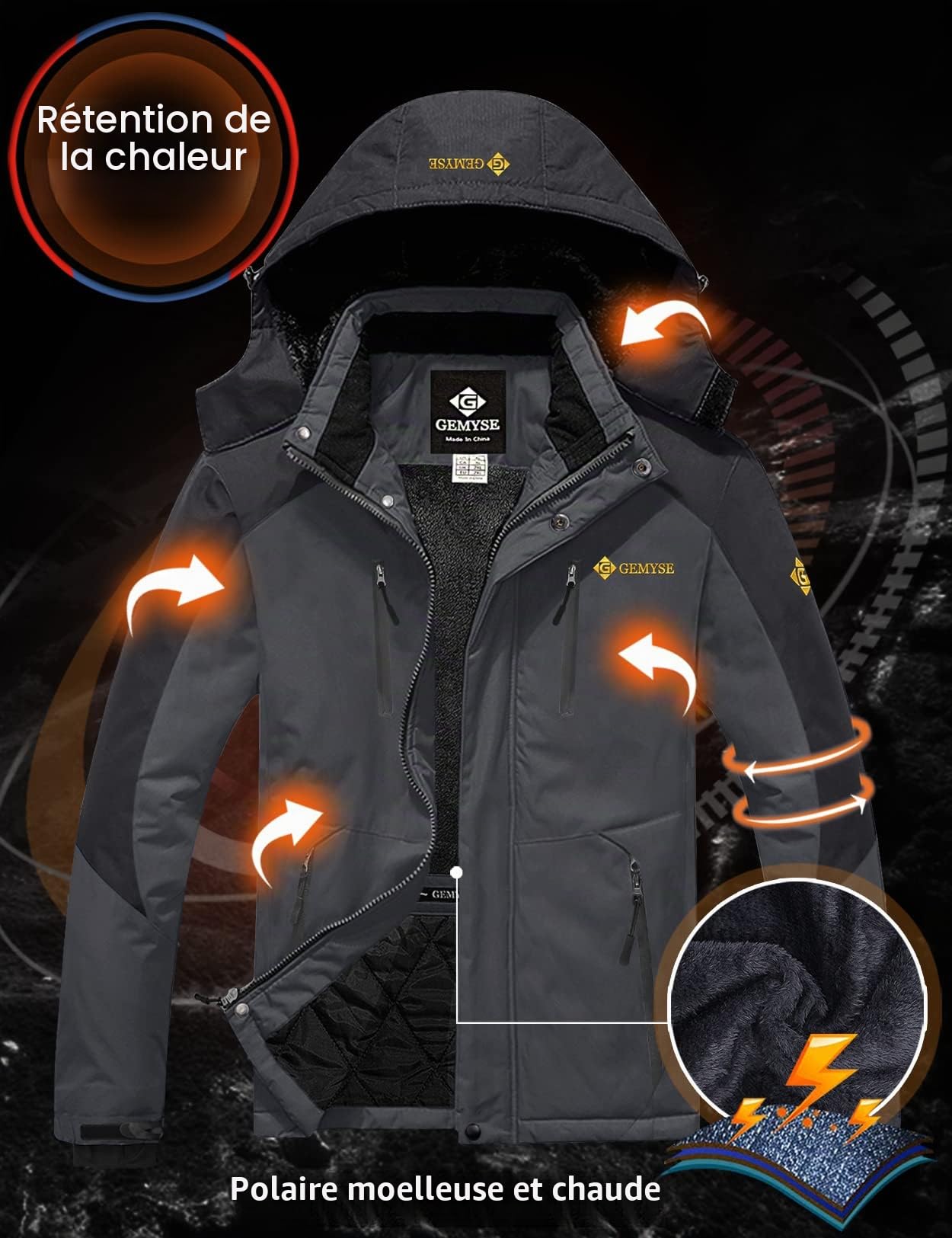GEMYSE Homme Veste de Ski Imperméable de Montagne Manteau d'hiver Extérieur en Polaire Coupe-Vent avec Capuche
