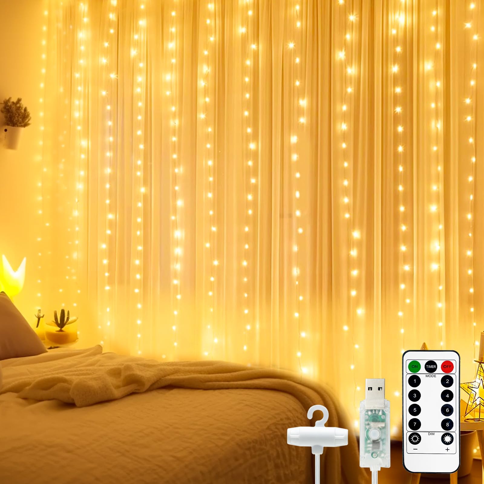 btfarm Lichtervorhang 3x3m, 300 LED Lichterketten Vorhang Innen mit Fernbedienung 8 Modi Timer USB Lichterkettenvorhang Wasserdicht für Schlafzimmer Zimmer Party Weihnachten Deko, Warmweiß