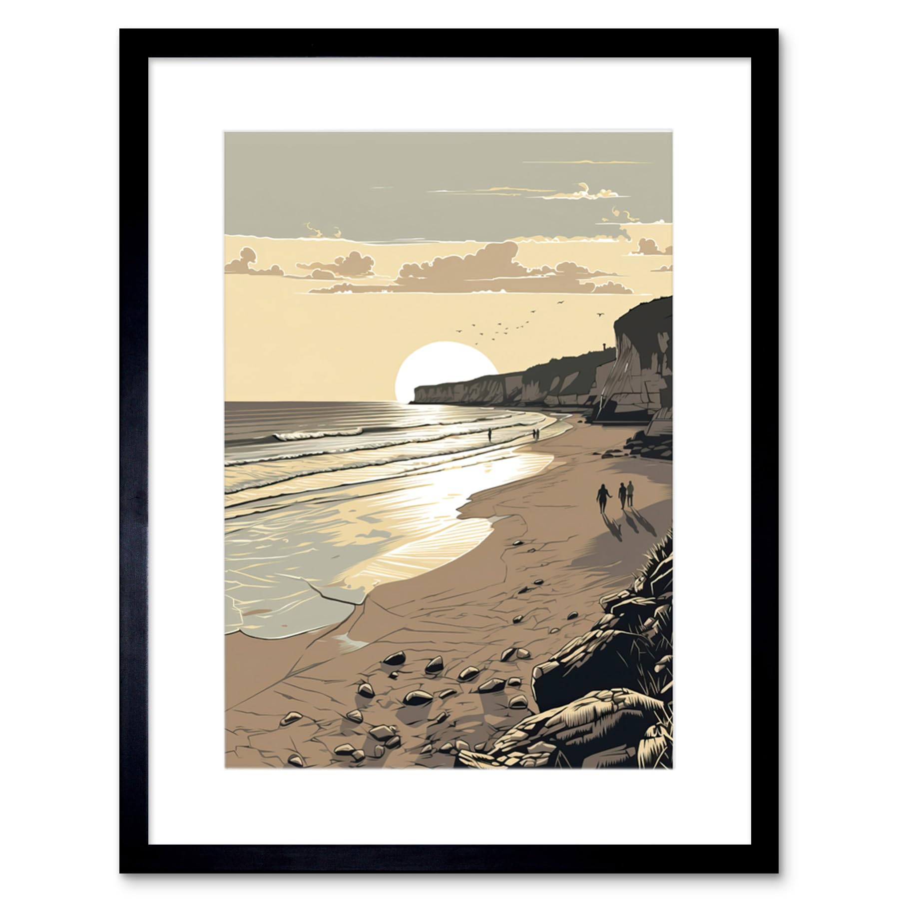 Artery8 Framed Black 9X7 Sunrise Walk On Filey Beach Coastal Illustration Artwork Framed Wall Art Print 9X7 Inch