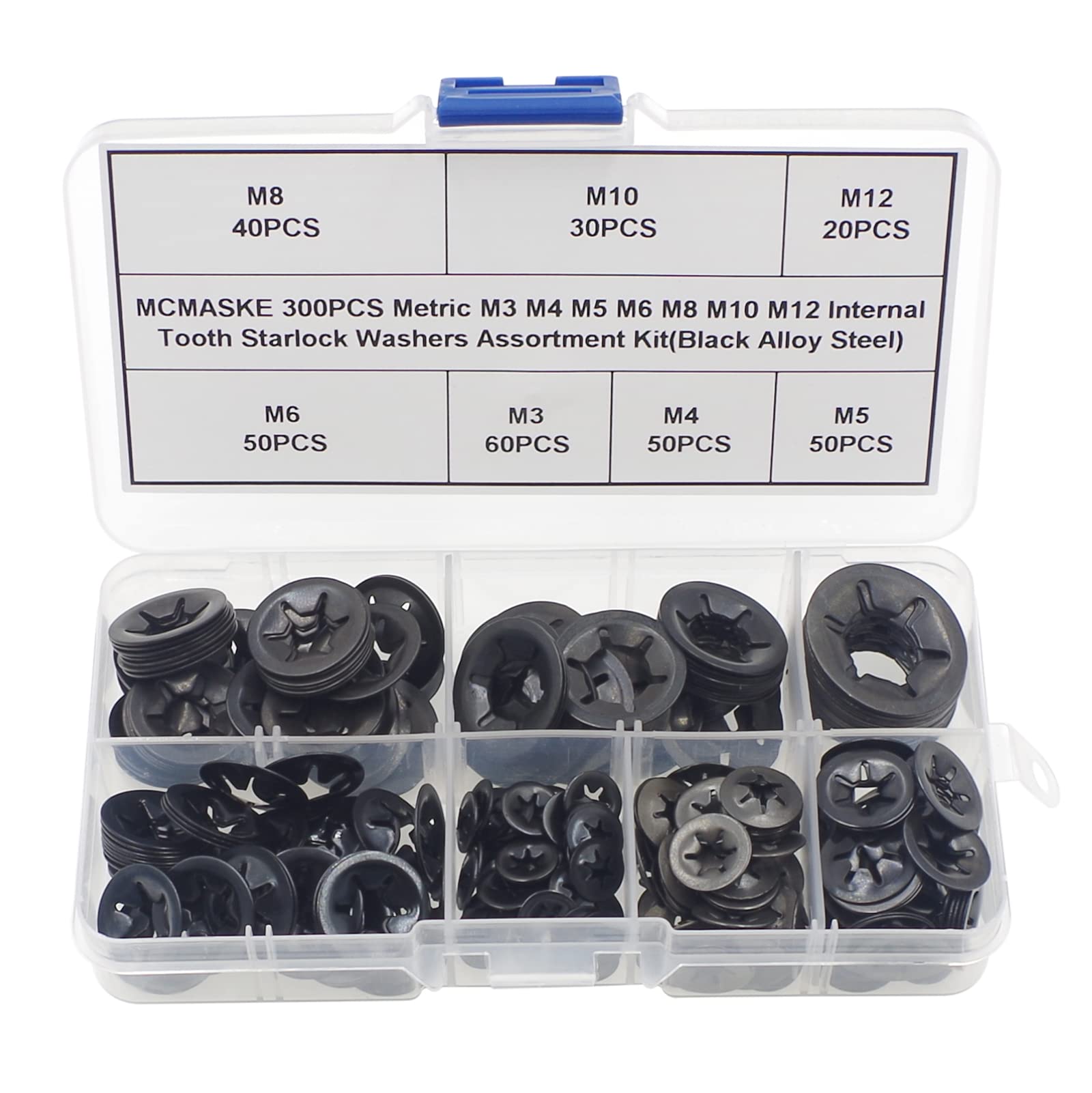 300PCS Metric M3 M4 M5 M6 M8 M10 M12 Internal Tooth Starlock Washers Assortment Kit;External Push Rings; Push On Washers;Push Nuts for Unthreaded Shafts