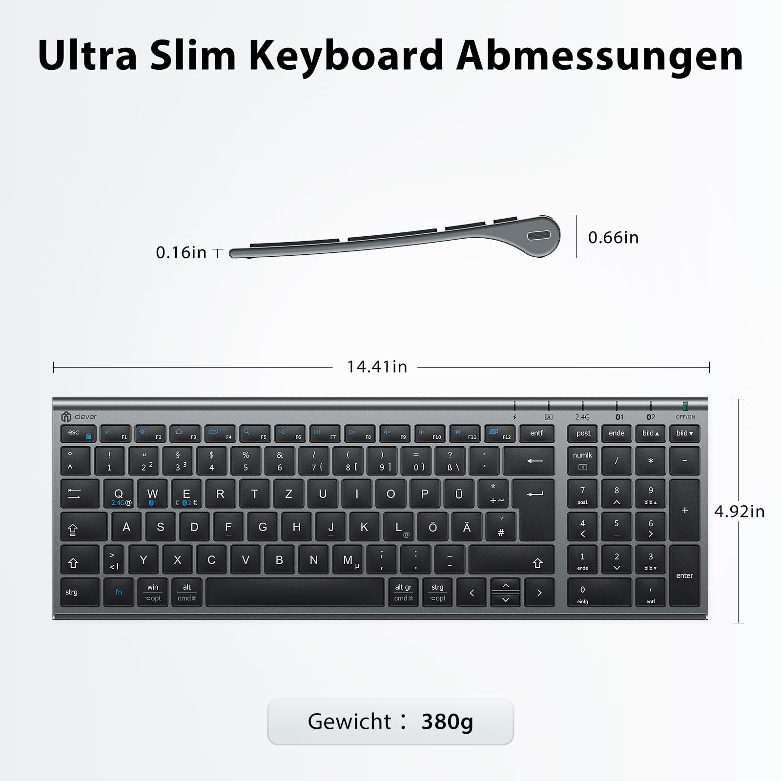 iClever Tastiera Bluetooth con mouse, set di mouse senza fili, doppia modalità ricaricabile (Bluetooth 5.0 + 2.4 G), tastiera wireless, per PC/laptop, layout QWERTZ, grigio