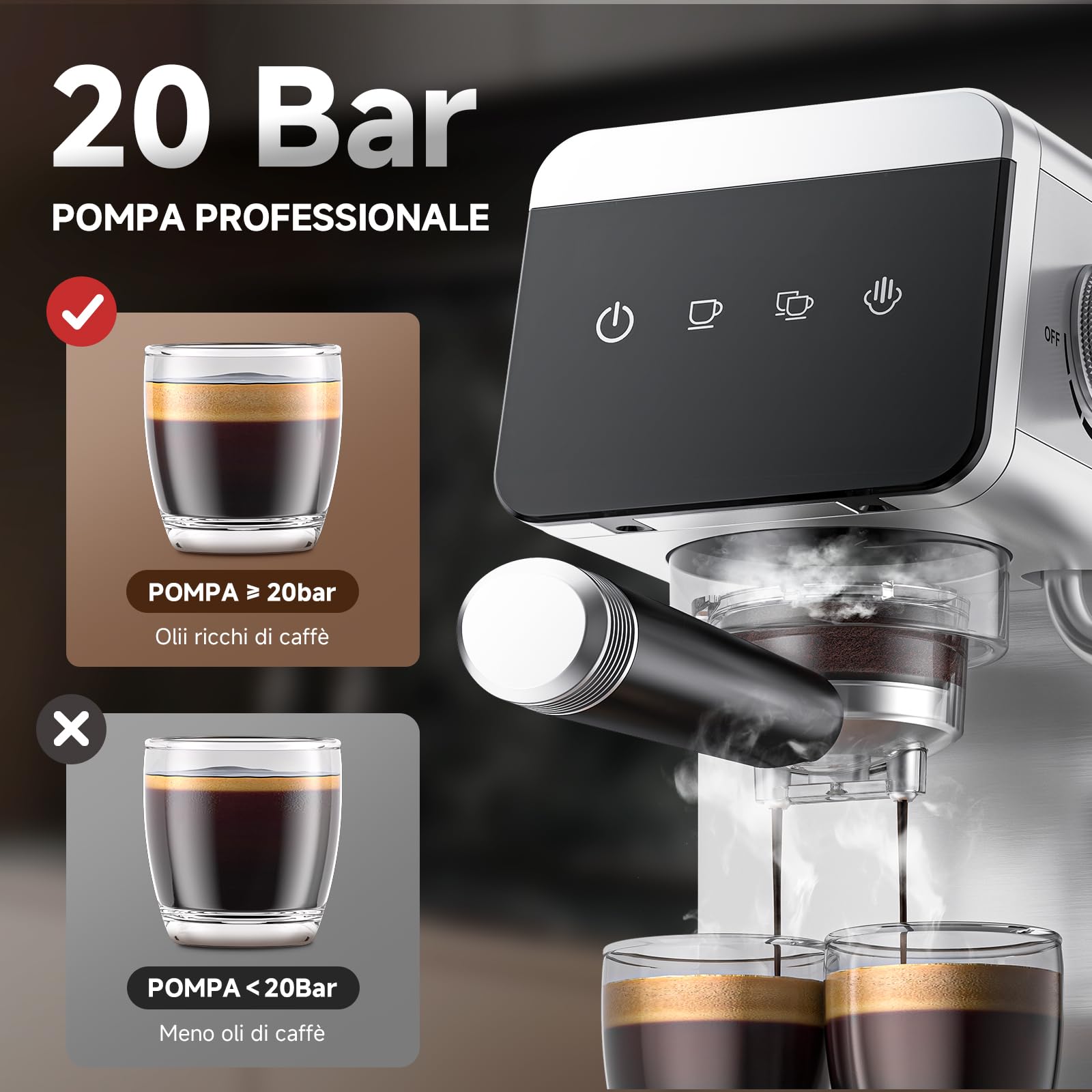AMZCHEF Macchina da caffè con portafiltro, 20 bar con display LED, macchina da espresso 2-in-1 da casa con serbatoio removibile da 1,2L, per regali, macchina per caffè in acciaio inossidabile compatta