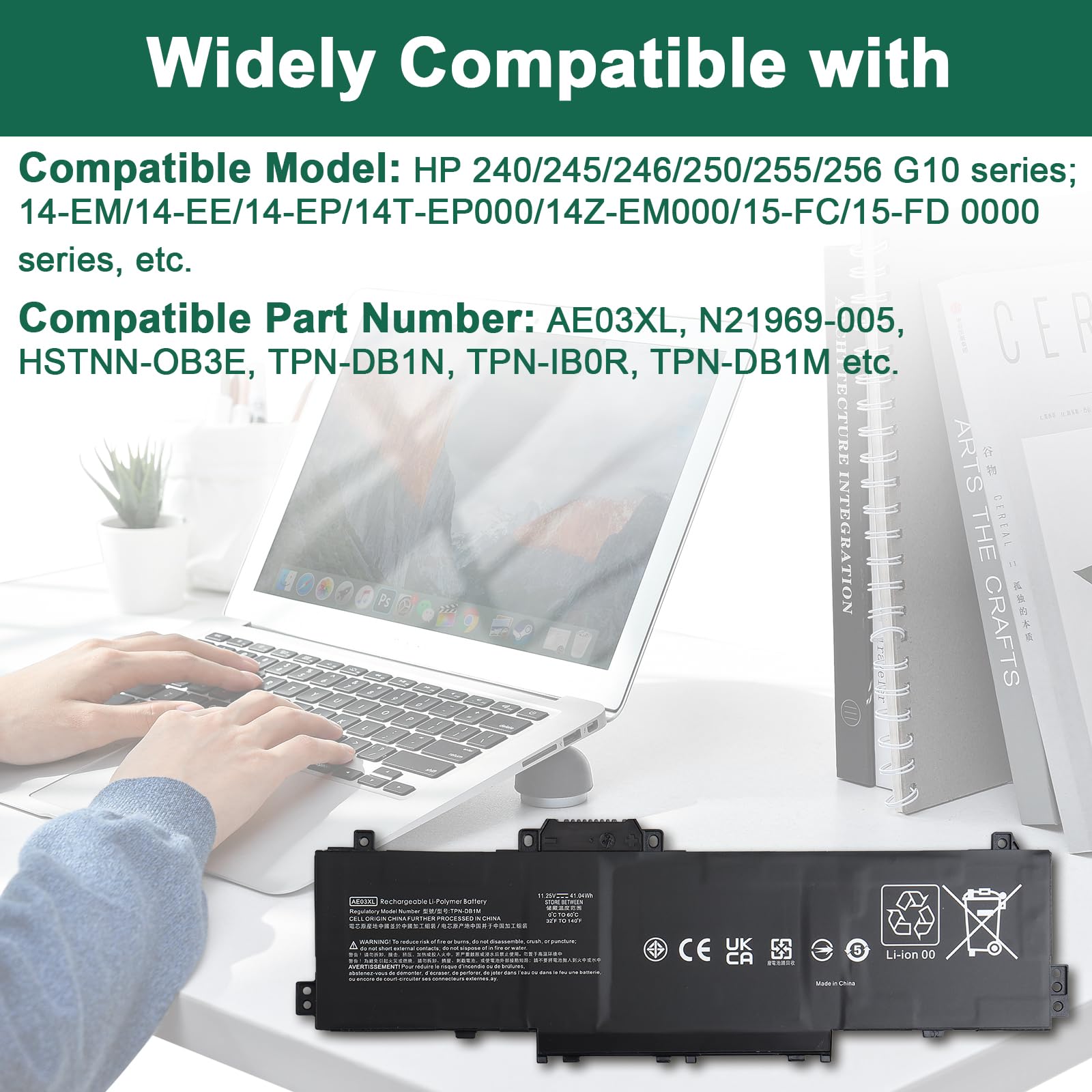 AE03XL AE03041XL Laptop Batteria Compatibile con HP 240 245 246 250 G10 14-EM 14-EE 15-FC 15-FD 15 A11U A11UD GF66 HSTNN-AB1B N21969-005 85A19EA - 11.25V 41.04Wh 3648mAh