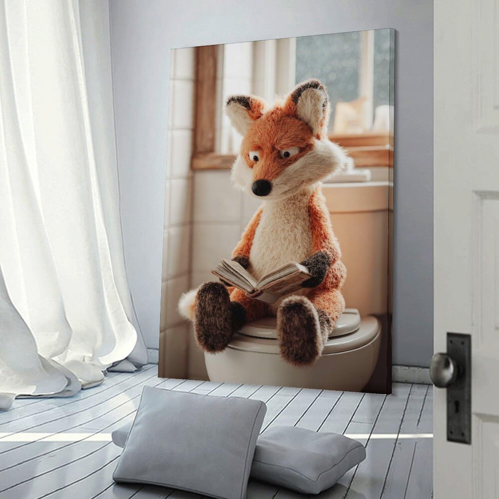 Junmoney Frame-Style Fox Reading A Book On A Toilet Poster, Picture, Metal Print, Paint By Creed Canvas Art Print 20X30inch(50X75cm), For New Homes, Bedrooms Or Workspaces, Gift Idea For Housewarming And Birthdays