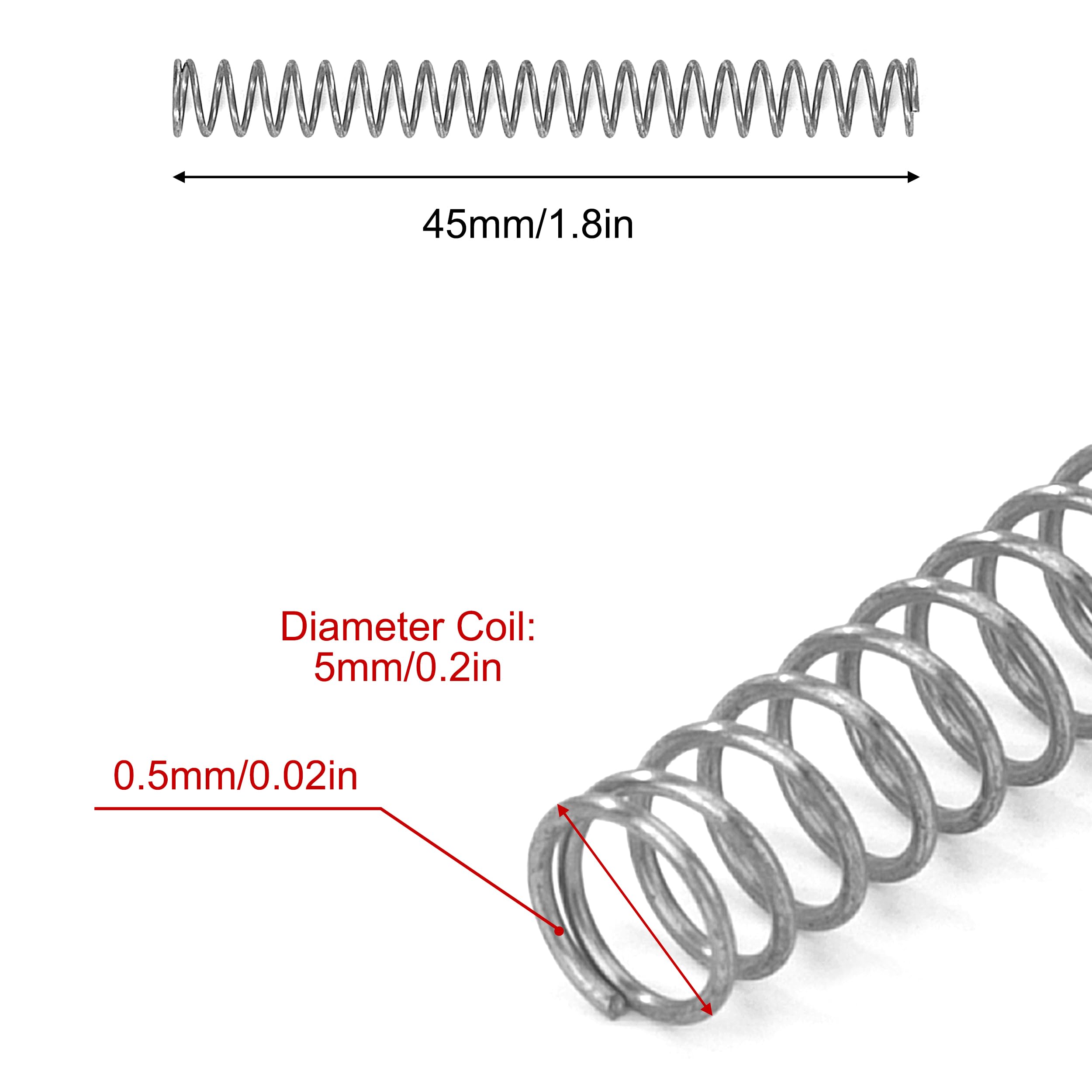 Ressort de Compression 45mm Ressorts Compression en Acier Inoxydable Diamètre du Fil 0,5mm Diamètre Extérieur 5mm Force du ressort 0,81KG 20 Pièces