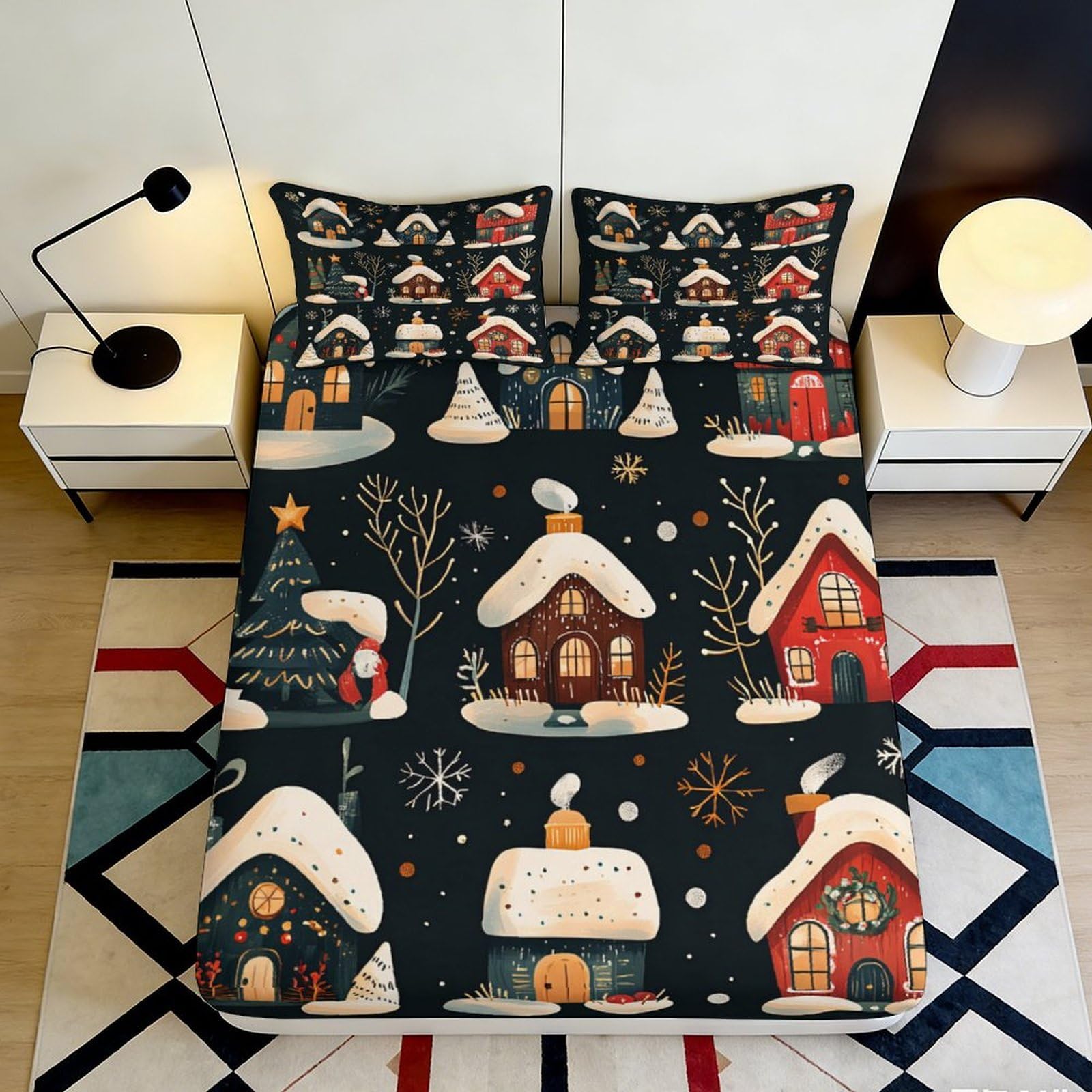 3D Printed Winter Village Fitted Sheet Microfiber Soft Breathable Christmas Cottage Bed Cover for Bedroom Guest Room Decor 140x200x25cm