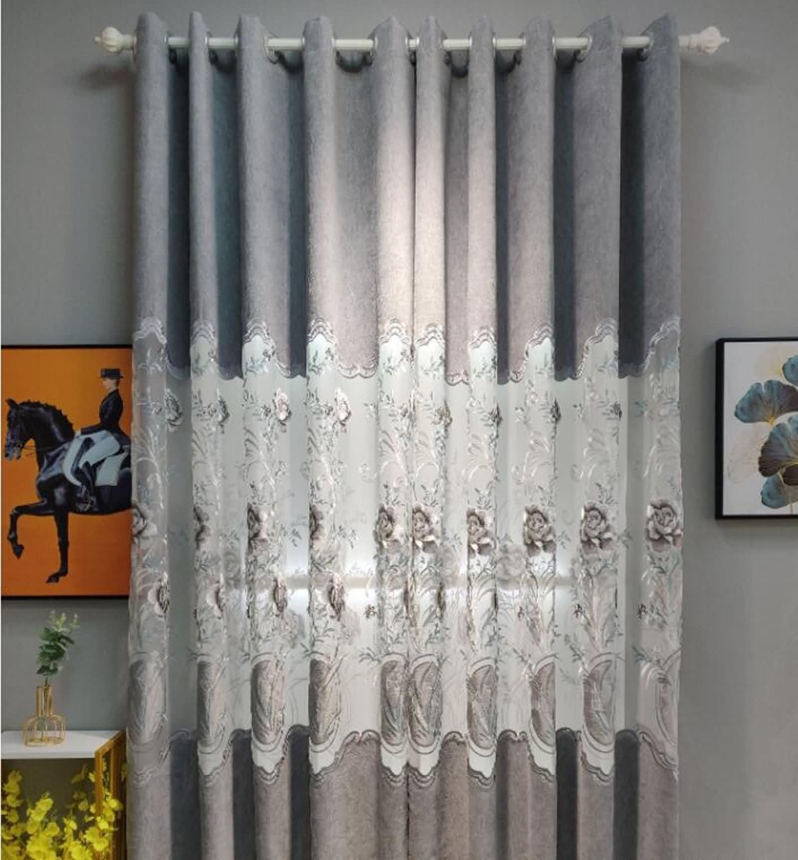2 Pezzi Tenda Coprente Oscurante,2 x 137W x 183H CM,Tende Soggiorno Oscuranti Moderne Grigio Motivo Ricamato Tende con Occhiello