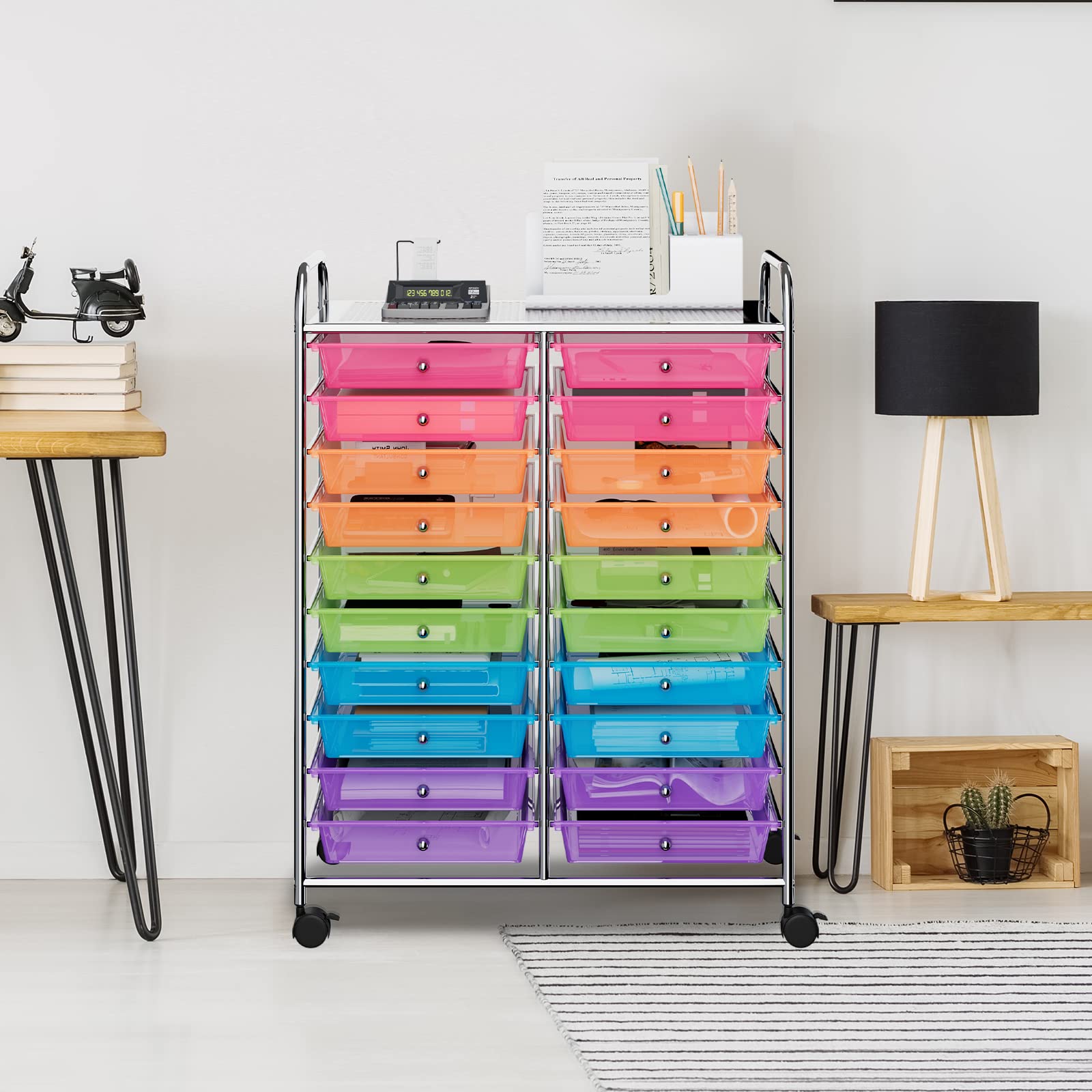 GOPLUS Chariot de Rangement 20 Tiroirs, Tour de Rangement à roulettes, Cadre en Acier, pour Chambre, Bureau, 64 x 38 x 87 CM, Multicolore Tranparent