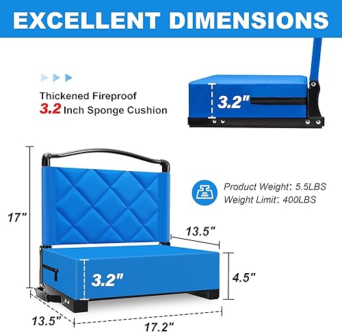 Miniatura 3 de Asientos de estadio con cojín de apoyo trasero, asientos plegables para gradas que soportan hasta 400 libras, asiento ancho con correa para el