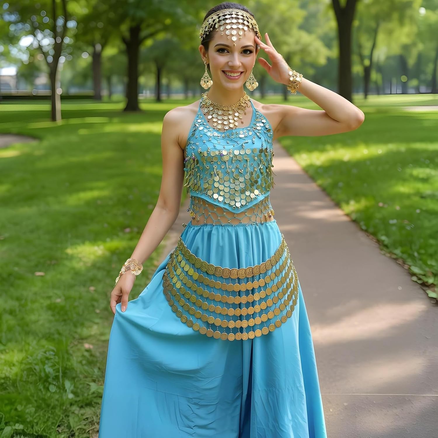8 Pcs Belly Dancing Jewelry,Belly Dancer Outfit Set Including 2 Coin Bracelets 1 Coin Veil Necklace 1 Pair of Gold Boho Earrings and 1 Gold Sequins Head Accessory for Women - Image 4