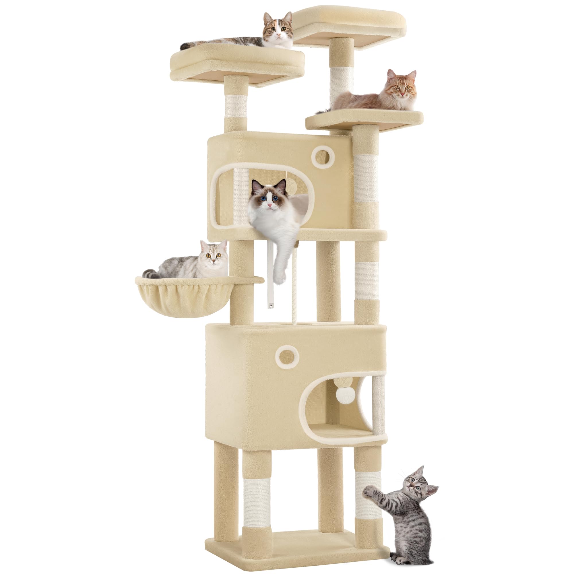 Hzuaneri 180 cm Cat Tree for Indoor Cats, Cat Tower, Multi-Level Cats Condo with 8 Scratching Posts, 3 Platforms, 2 Caves, Basket, Plush Balls, Sisal Rope, Anti-Tip Kit, Beige MS18018YL