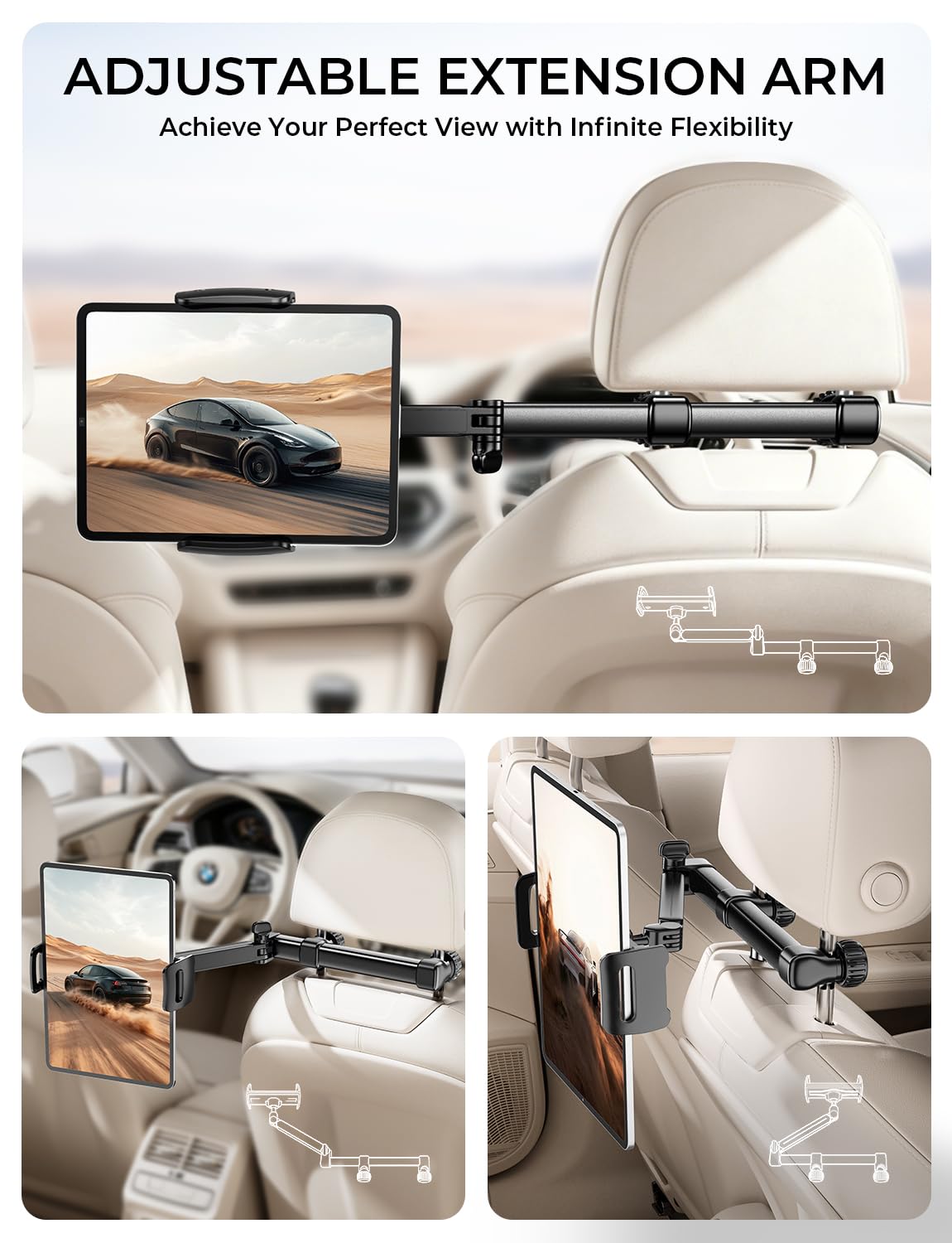 Support Tablette Voiture - [Bras Long Extensible 46cm 3-en-1] Support Appui-Tête Arrière Auto, Rotation 360° Porte-Tablette de Voyage, Compatible avec iPad, Switch, Smartphones 4,7-13"