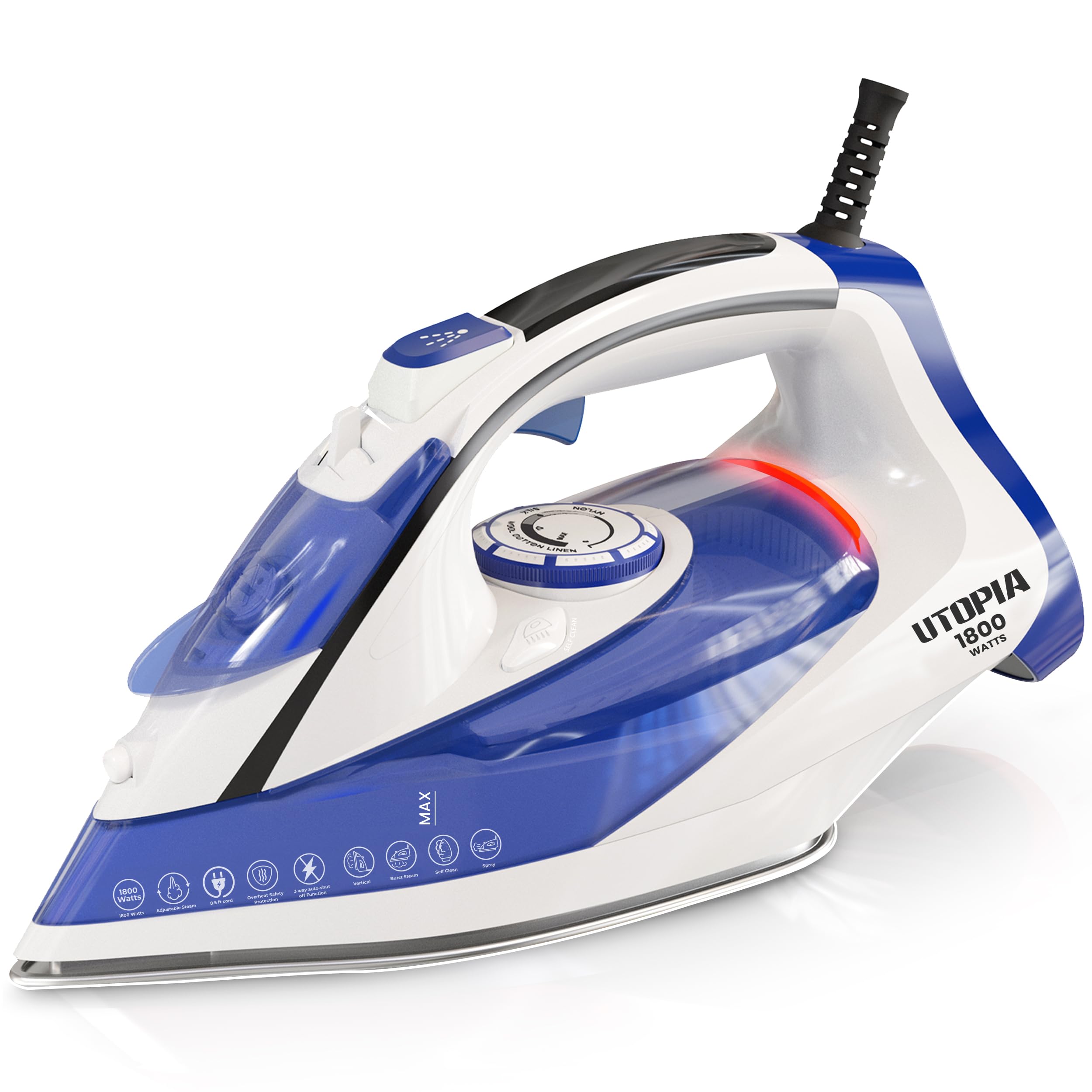 Utopia Home Steam Iron for Clothes - Non-Stick Soleplate - 1800W Clothes Iron With Auto-Off Safety Feature - Adjustable Thermostat Control, Variable Steam Control, Self-Clean, 8 Feet Cord (White/Blue)