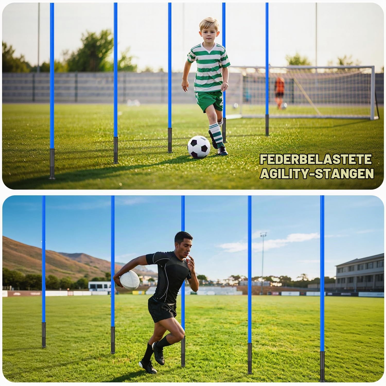 Slalomstangen Fussball Trainingsset Set — Fussball trainingszubehör mit 5 Slalom Stangen, Koordinationsleiter 6m, 10 Hütchen, Springseil — Komplettes Trainingszubehör für Kinder & Erwachsene