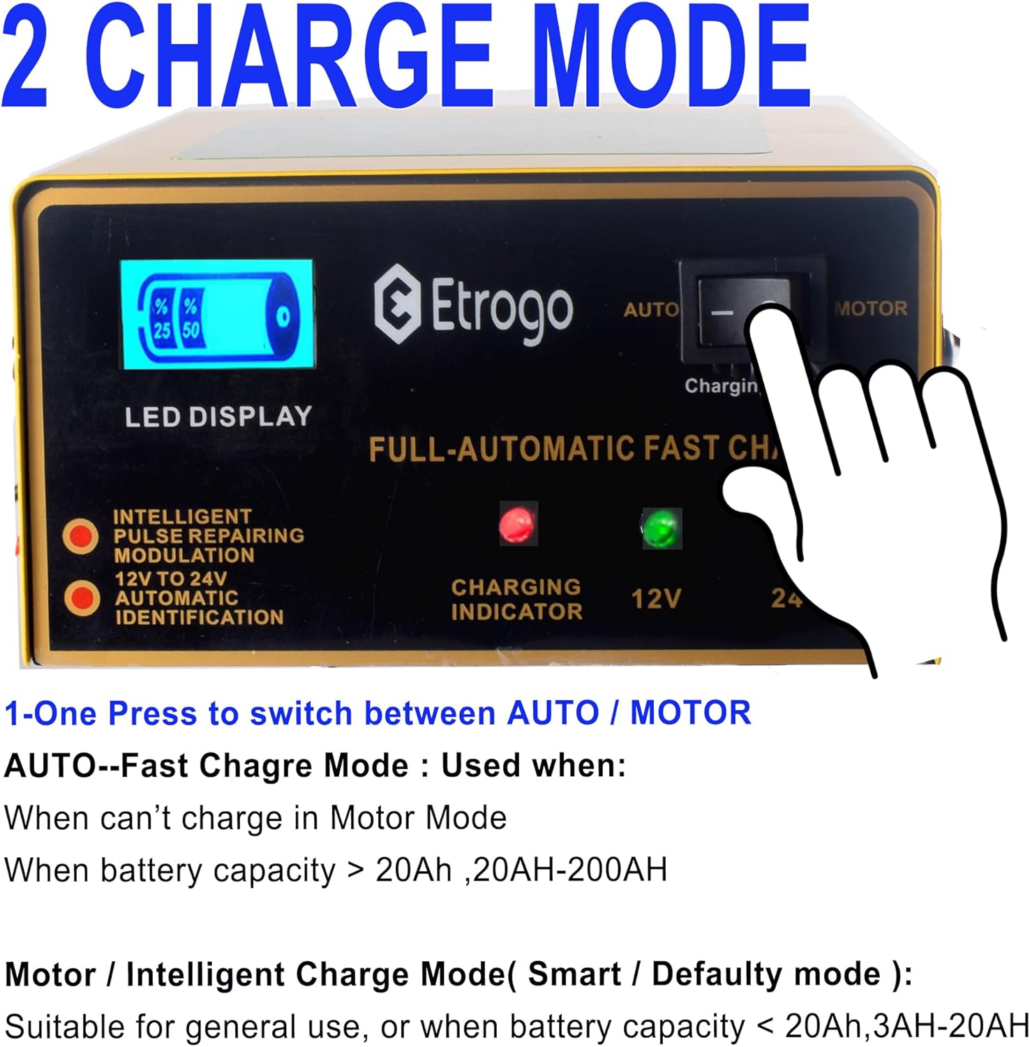 Etrogo battery charger showing the AUTO and MOTOR charging mode selection switch.