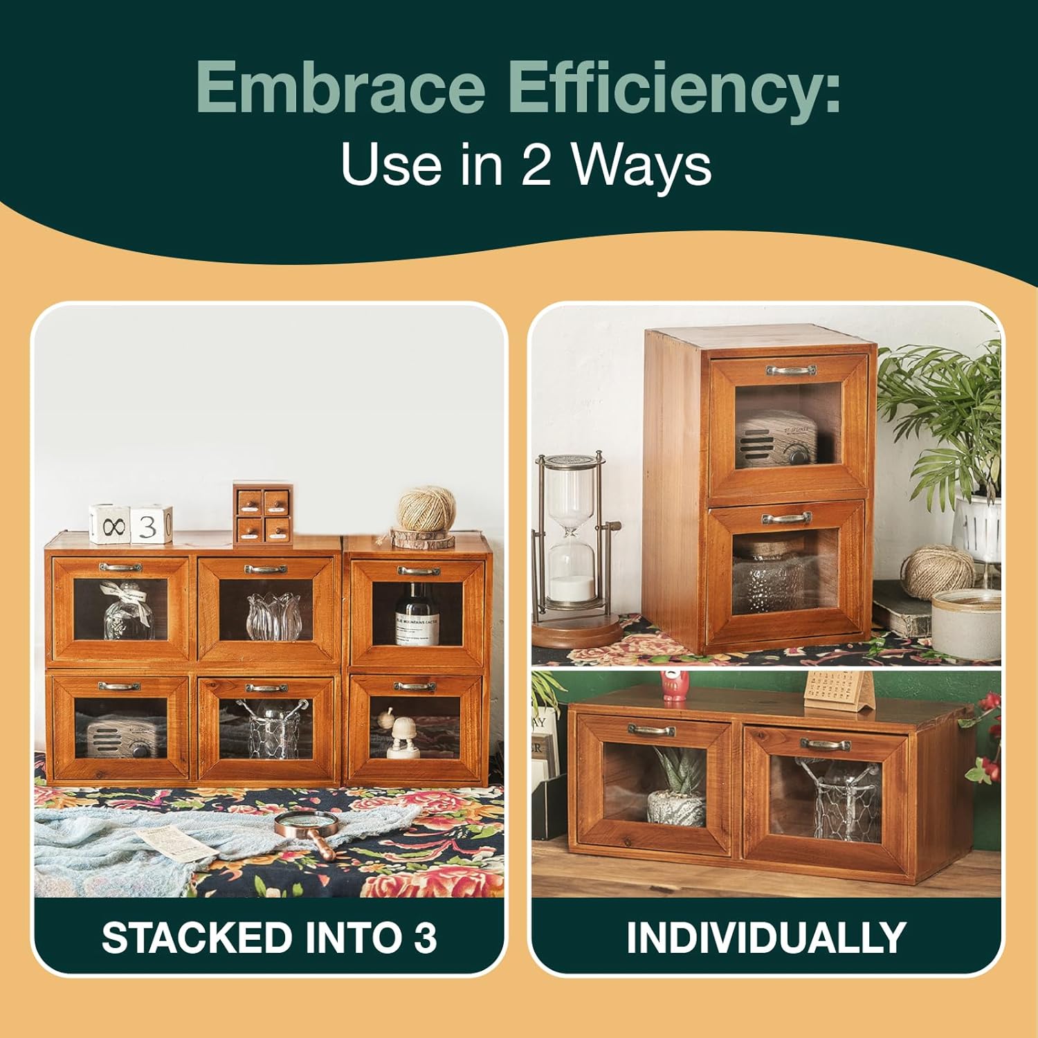 Modular Stackable Set of 3 Desktop Drawers Display Organizer - 6-Drawer Wood Organizer for Desk - Vintage Countertop with Clear Doors - Organizer Box for Card Catalog, Collectibles Storage