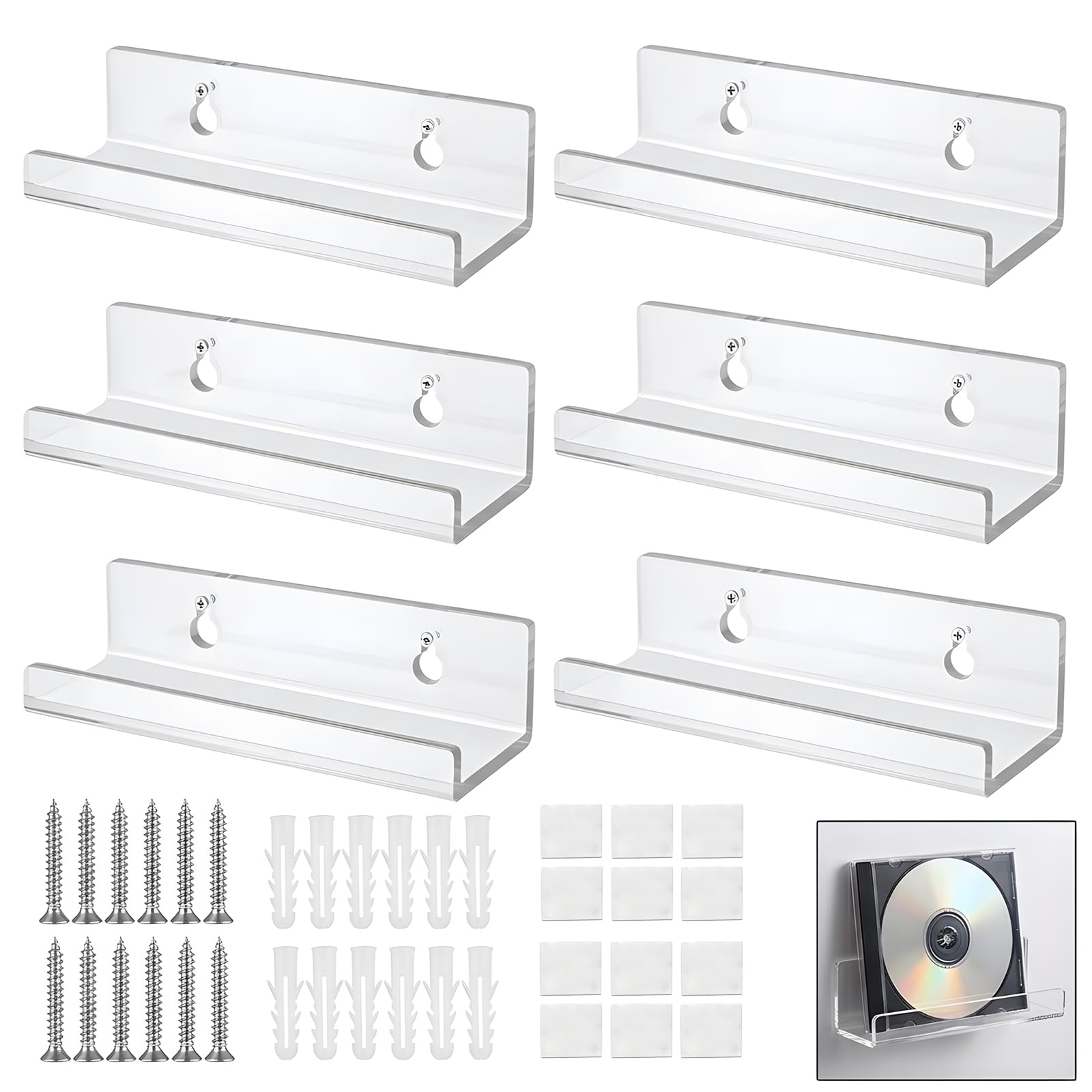 ZeBQrphio 6 Pack Acrylic Vinyl Record Shelves, 4 Inch CD Album Wall Display Rack Display, Clear Acrylic Floating Shelves for CDs, Vinyl, Home Office or Living Room