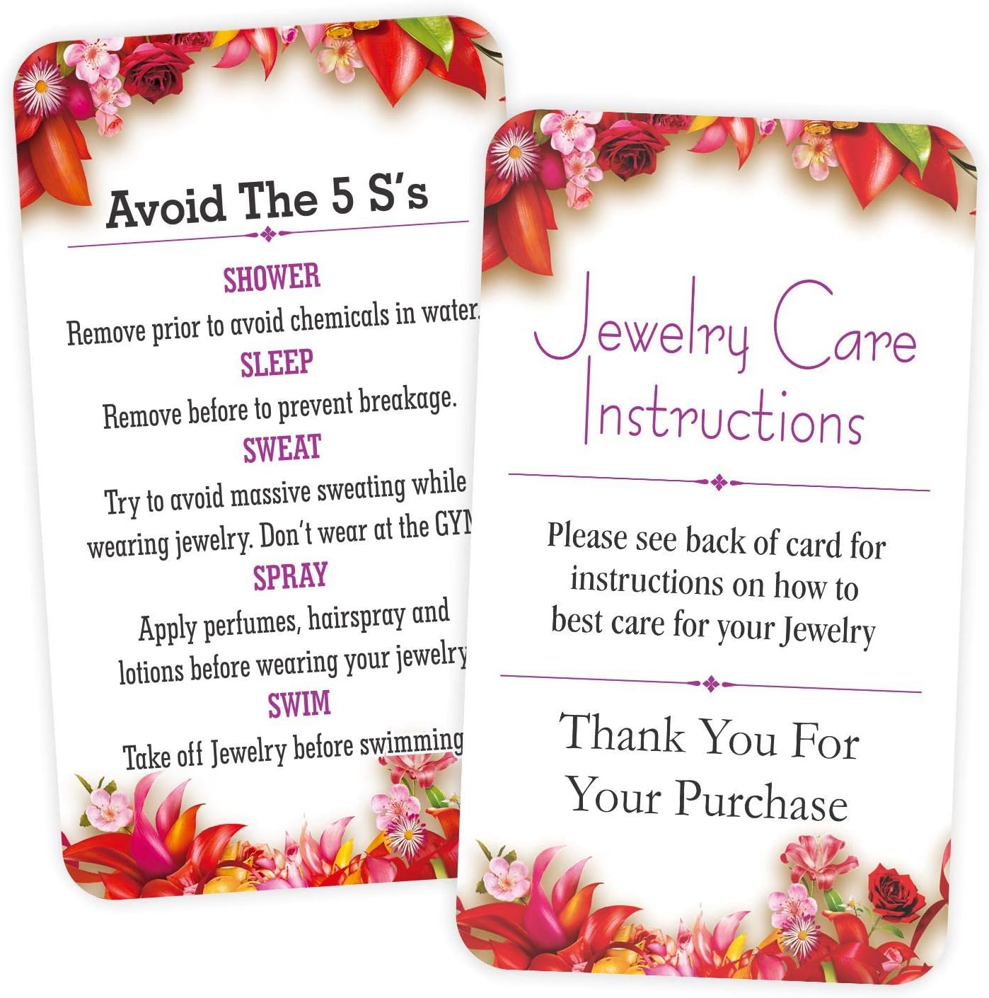 Jewelry Care Instruction Cards - (Pack of 100) 3.5" x 2" Thank You Package Insert for Jewelry Cleaning Customer Directions - Floral
