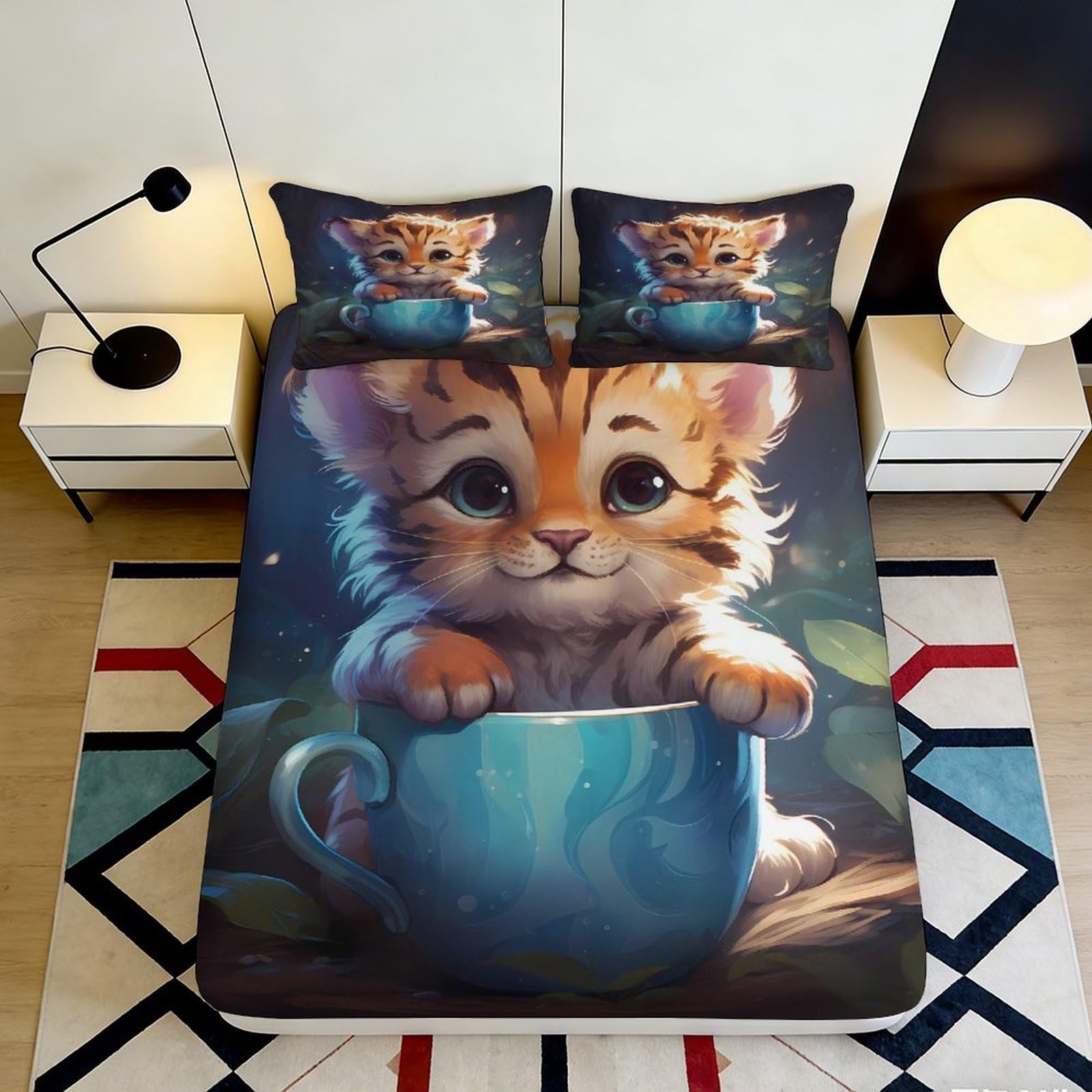 3D Printed Cute Cat Fitted Sheet Microfiber Deep Pocket Non-Slip Bedding Cartoon Cat Mattress Fitted Cover for Adults Teens Full Wrap Washable 200x200x25cm 90x200x25cm