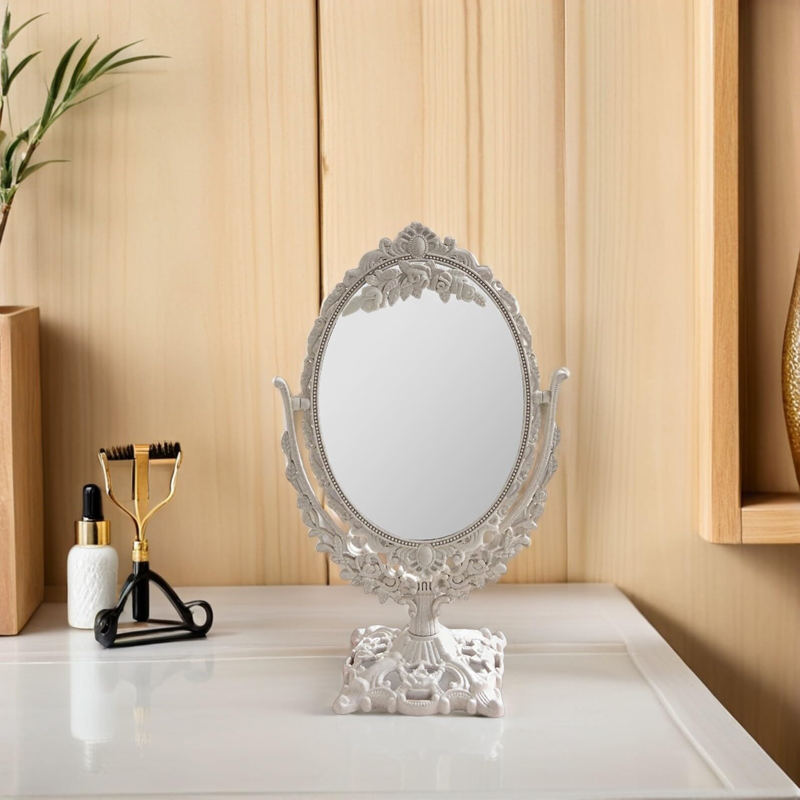 Garneck Tavolo Specchio 360 ° Rotazione Vintage Portatile Tabletop Make- Up Specchio Doppio Lato Stand Vanità per Bagno Camera Da Letto Dressing