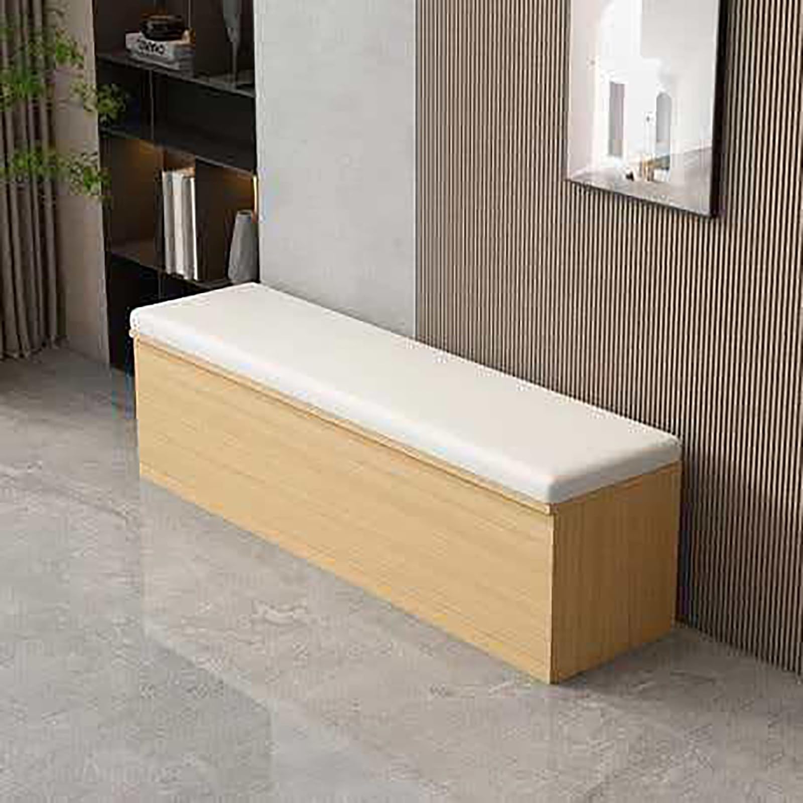Banco otomano de almacenamiento de piel sintética y banco de zapatos de madera para dormitorio