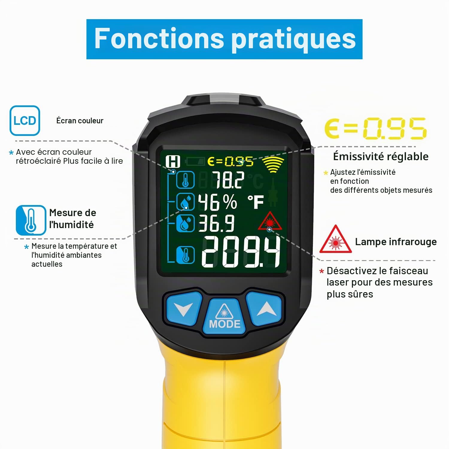 Thermomètre Infrarouge Laser MESTEK et Sonde Pistolet IR Temperature Sans Contact LCD -50°C~800°C Réglable Alarme d'émissivité Point de Rosée Cuisine Barbecue Congélateur Aliments industriel