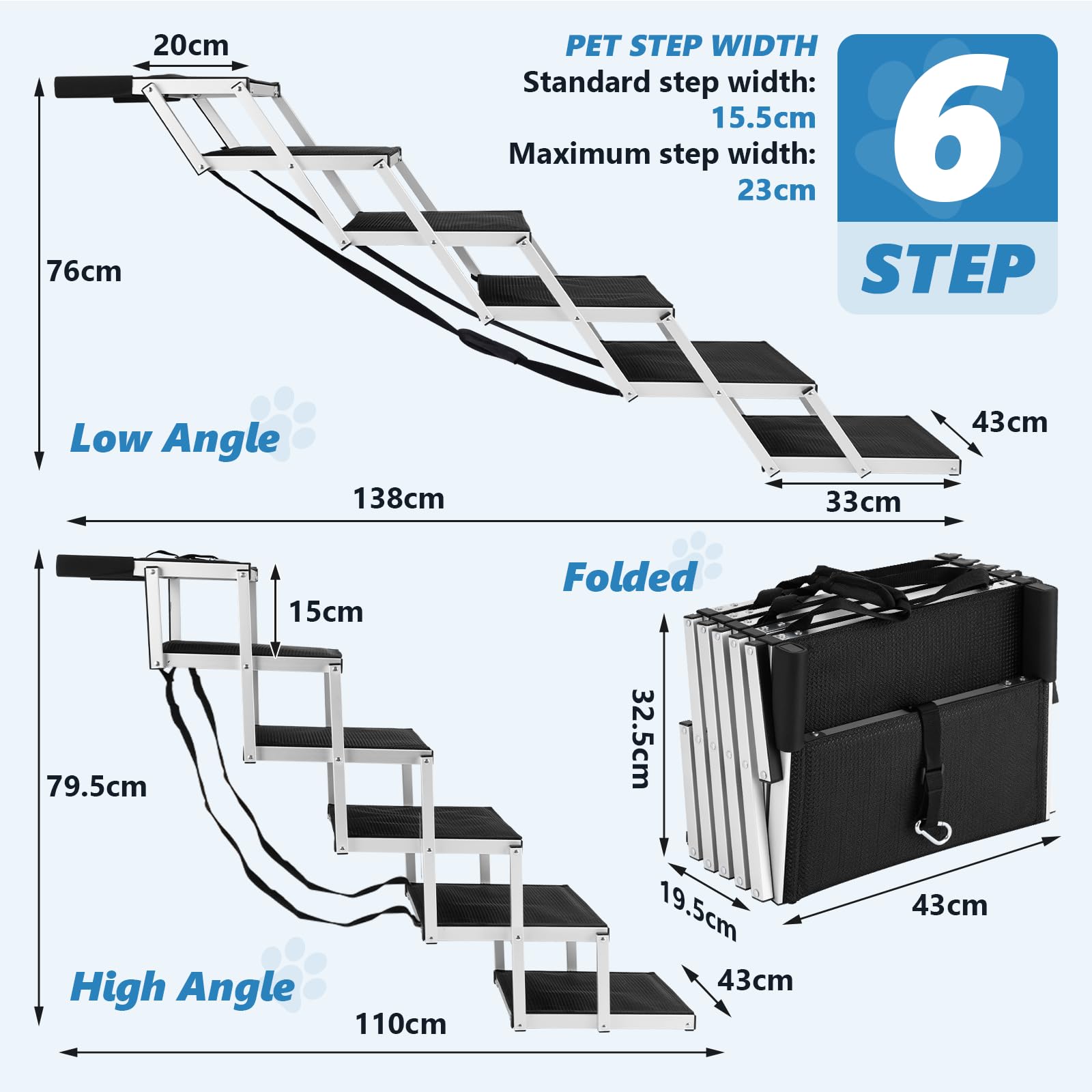 MXBAOHENG Escalera plegable para perros, soporta hasta 70 kg, rampa para perros, marco de aluminio, escalera portátil con antideslizante para perros con problemas articulares (6 peldaños, escalera