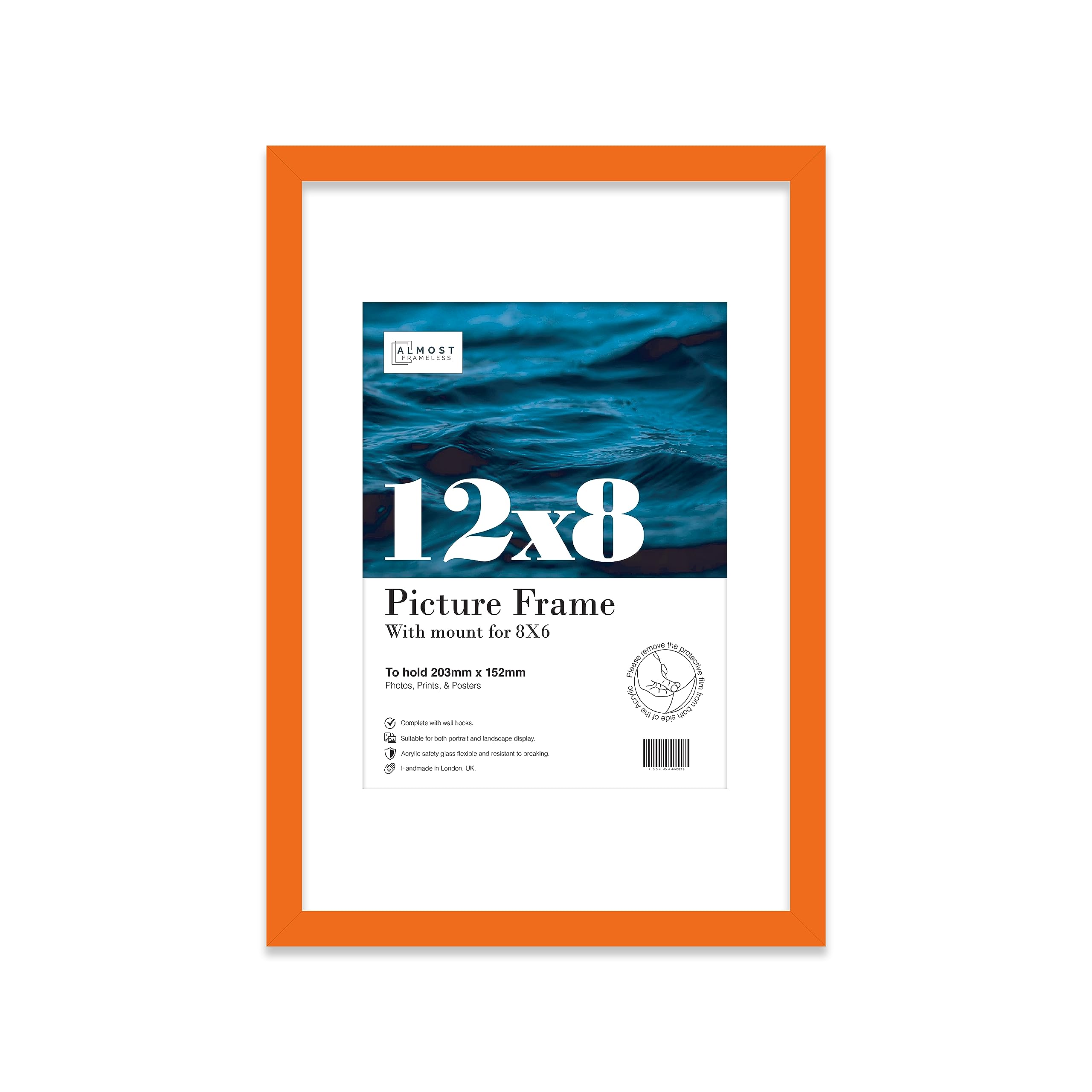 Almost Frameless 12x8 Orange Picture Frame With Mount for 8x6 Print, Poster or Photo Poster, Photo, Artwork, or Print. Thin Edge Slim Frame Portrait and Landscape Display with Wall Hooks