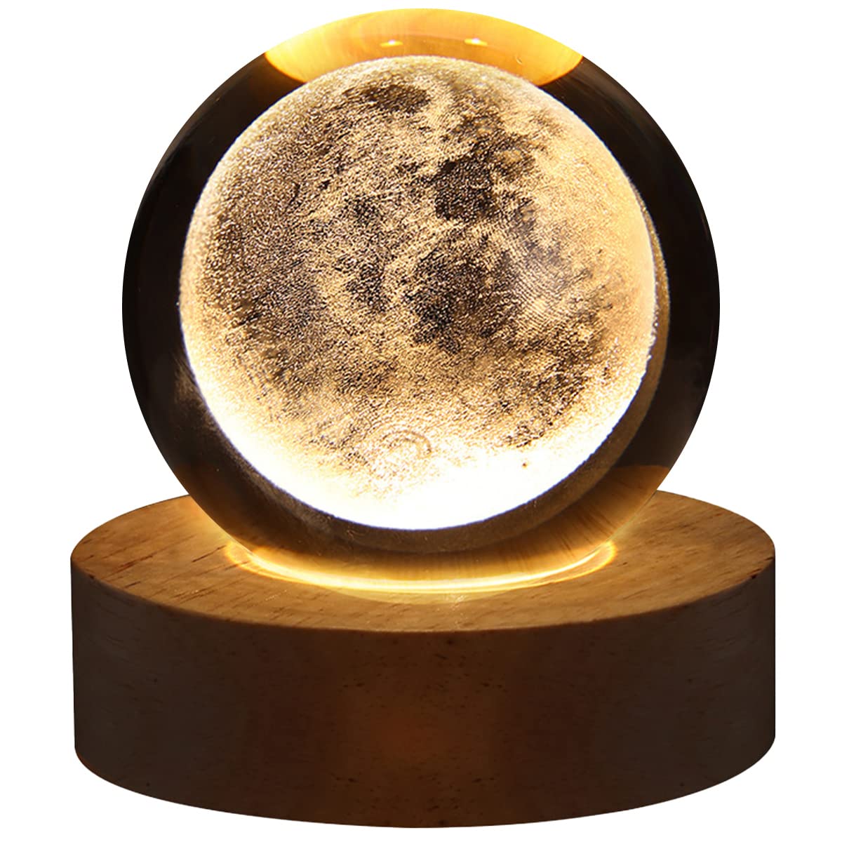 Eummy Moon 3D Solar System Crystal Ball Night Light 3D Planet Model With Wooden Led Base Engraved Universe Planet Sphere Galaxy Ball Lamp Bedside Nightlight Tabletop Decor Creative Astronomy Gifts (Moon)
