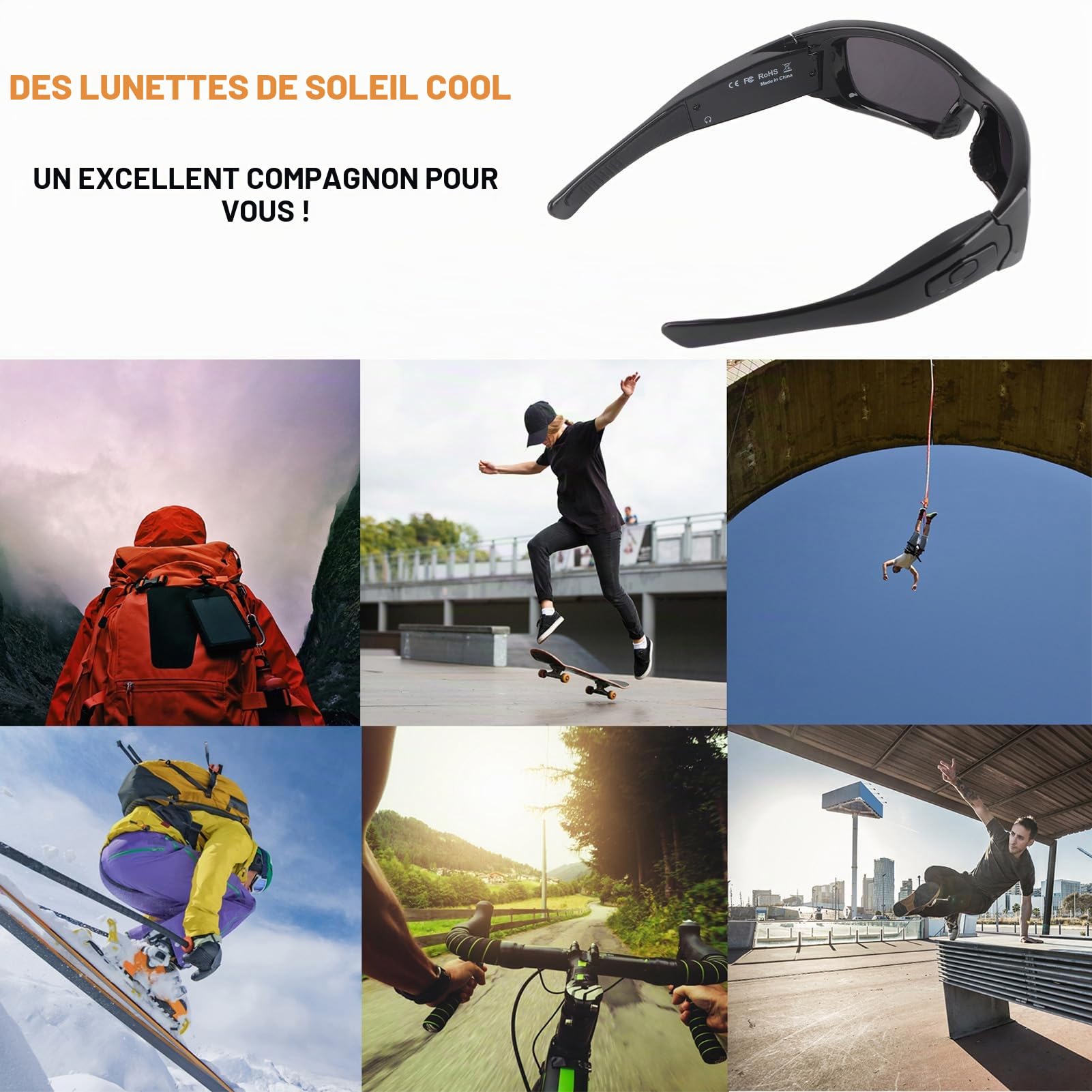 Tonysa Lunettes de soleil intelligentes, écouteurs avec appareil photo, verres polarisés 1080p, mains libres, connectées à l'ordinateur, fonction OTG, pour la conduite et les voyages