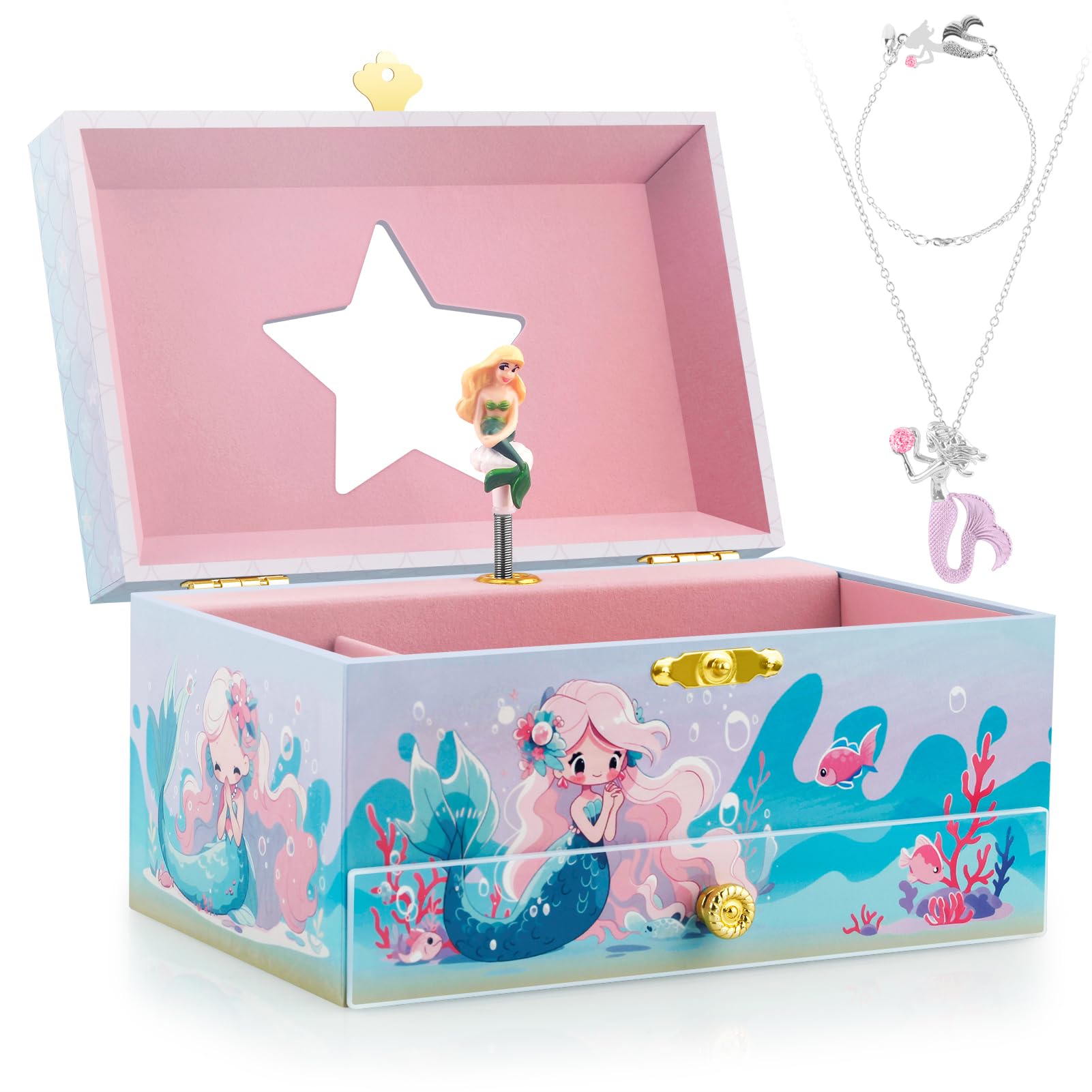 RR ROUND RICH DESIGN Kids Musical Jewelry Box with Storage Drawer and Pretty Jewelry Set with Cute Mermaid Theme - Beautiful Dream Tune Blue