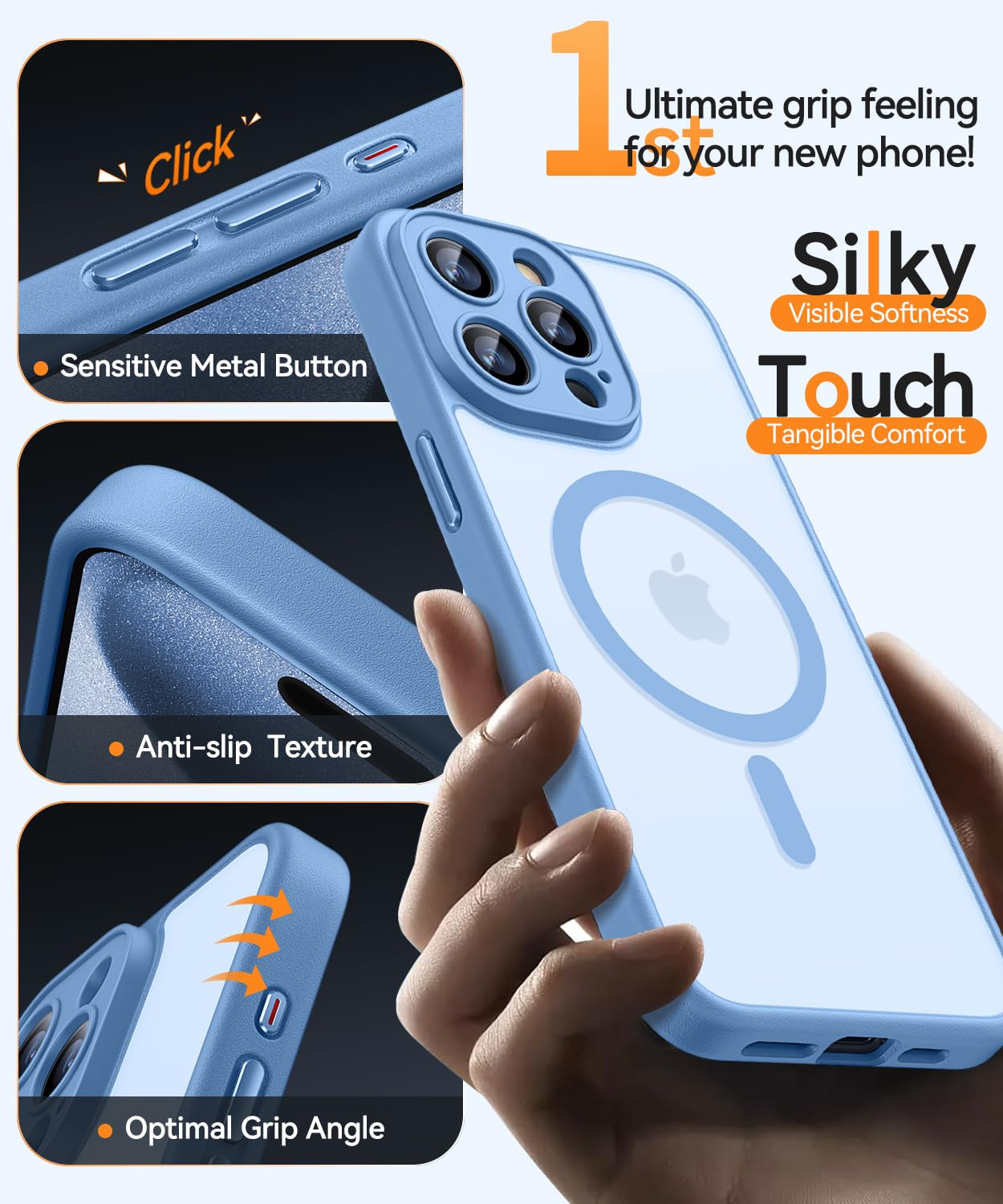 CANSHN Cover Magnetica per iPhone 15 Pro Max, Compatibile con MagSafe, [Protezione Completa Della Fotocamera], Custodia Traslucida Opaca Protettiva Sottile Antiurto 6,7 Pollici - Azzurro