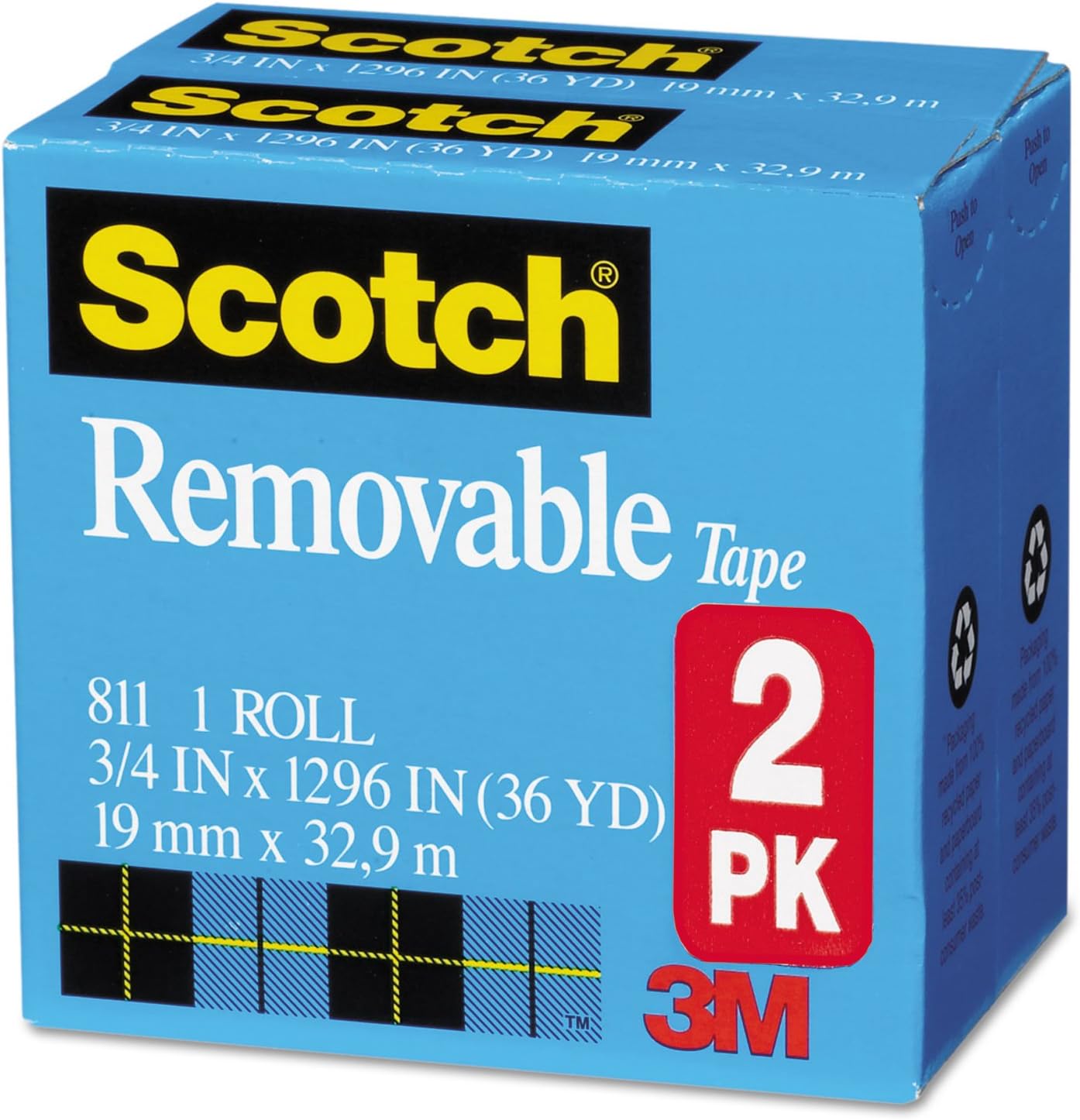 Scotch 8112PK Removable Tape 811 2PK, 3/4-Inch x 1296-Inch, 1-Inch Core, Transparent, 2/Pack