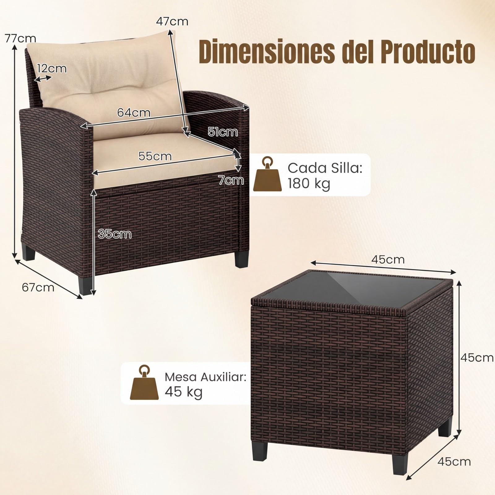 COSTWAY Conjunto Jardin Exterior de Ratán 3 Piezas, 1 Mesa Auxiliar de Vidrio Templado y 2 Sillas con Cojines, Muebles Jardin Terraza Balcon Exterior (Brown)