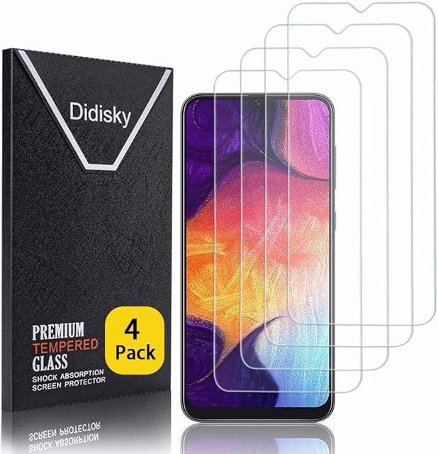 Didisky [4 Pack Tempered Glass Screen Protector for Samsung Galaxy A50 2019, Anti Scratch, 9H Hardness, No Bubbles, High Definition, Easy To Apply