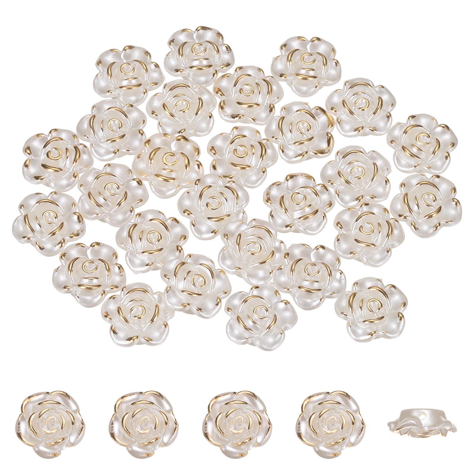 sourcing map 100Pcs Rose Flower Buttons, Flower Button ABS Flat Back Sewing Buttons for Bracelet Clothes Hair Clip Phone Charm Wedding Decor DIY Crafts(12mm, White/Gold)
