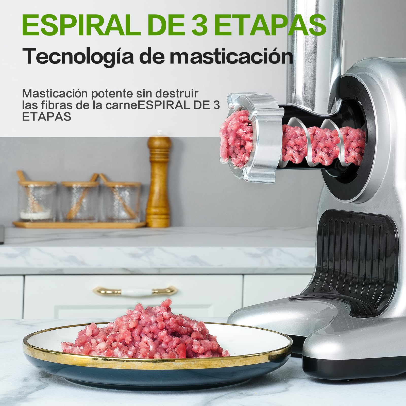 AMZCHEF Extractor 4 EN 1 - Extractor de Zumos y Verduras/Ralladores Eléctricos/Picadora de Carne/Elaborador de Salchichas - Juicer con Apertura de 80mm con Accesorios Multifuncionales - Plata