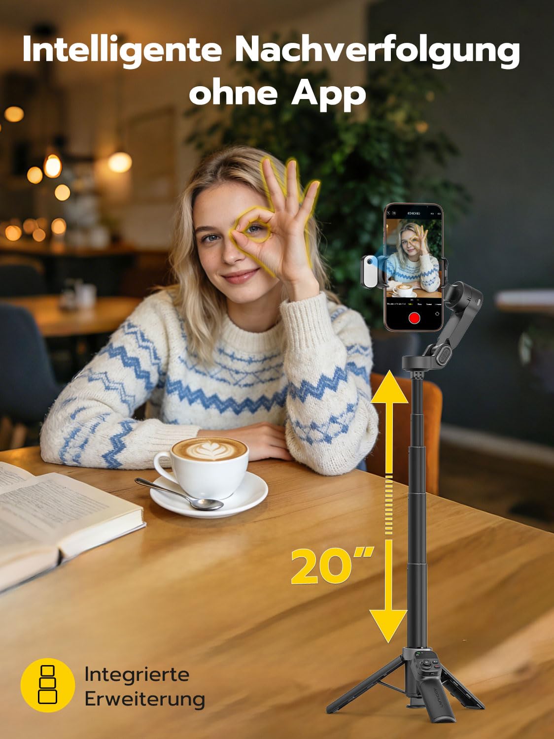 AOCHUAN Gimbal-Stabilisator für iPhone,KI-Tracking-Modul und Aufhelllicht, 3-Achsen-Anti-Shake mit magnetischer Fernbedienung, EIN-klick-Stativauslösung, integrierter Verlängerungsstange, Smart X3 AI